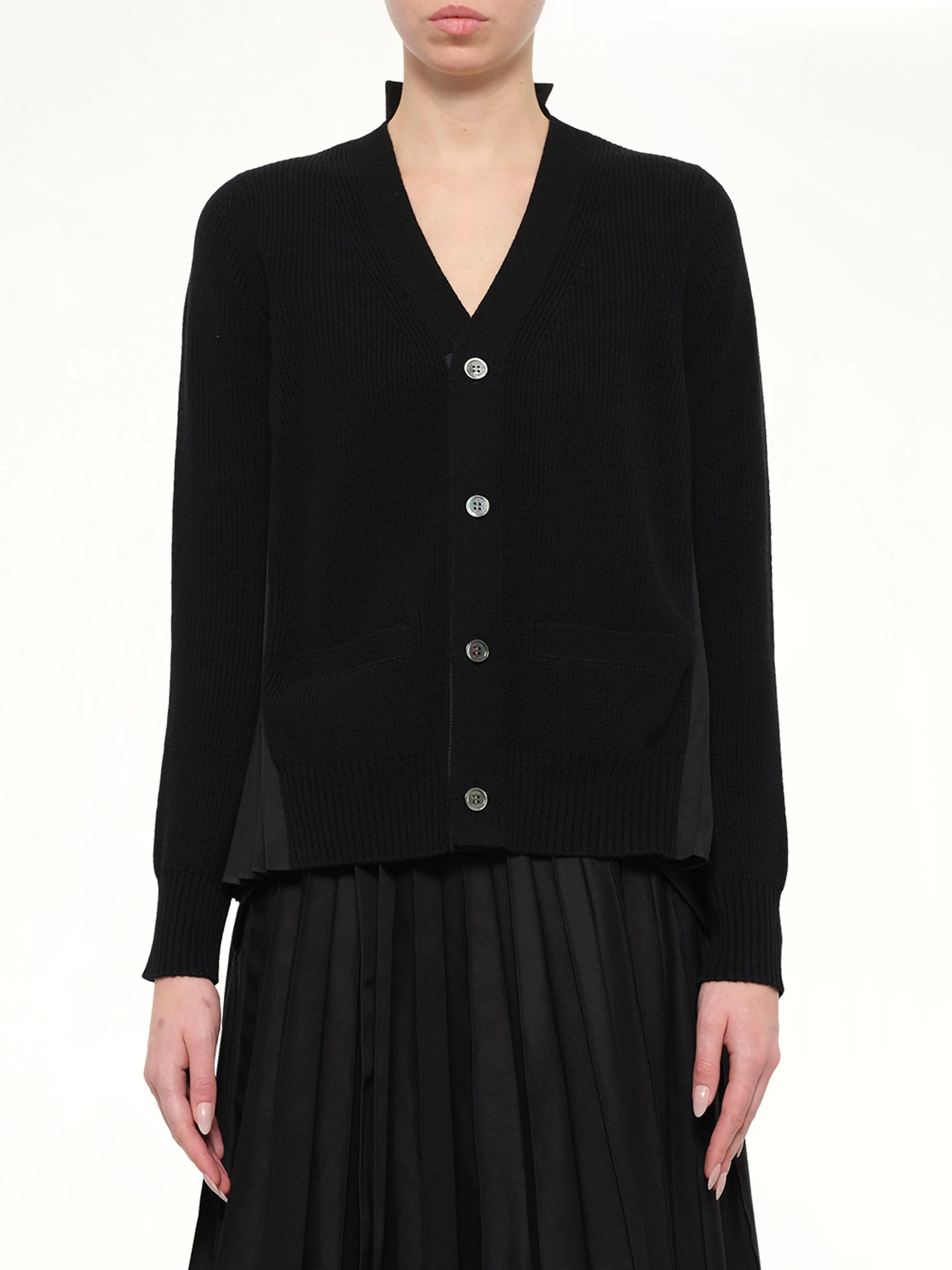 Wool Knit x Cotton Poplin Cardigan in Black - 1