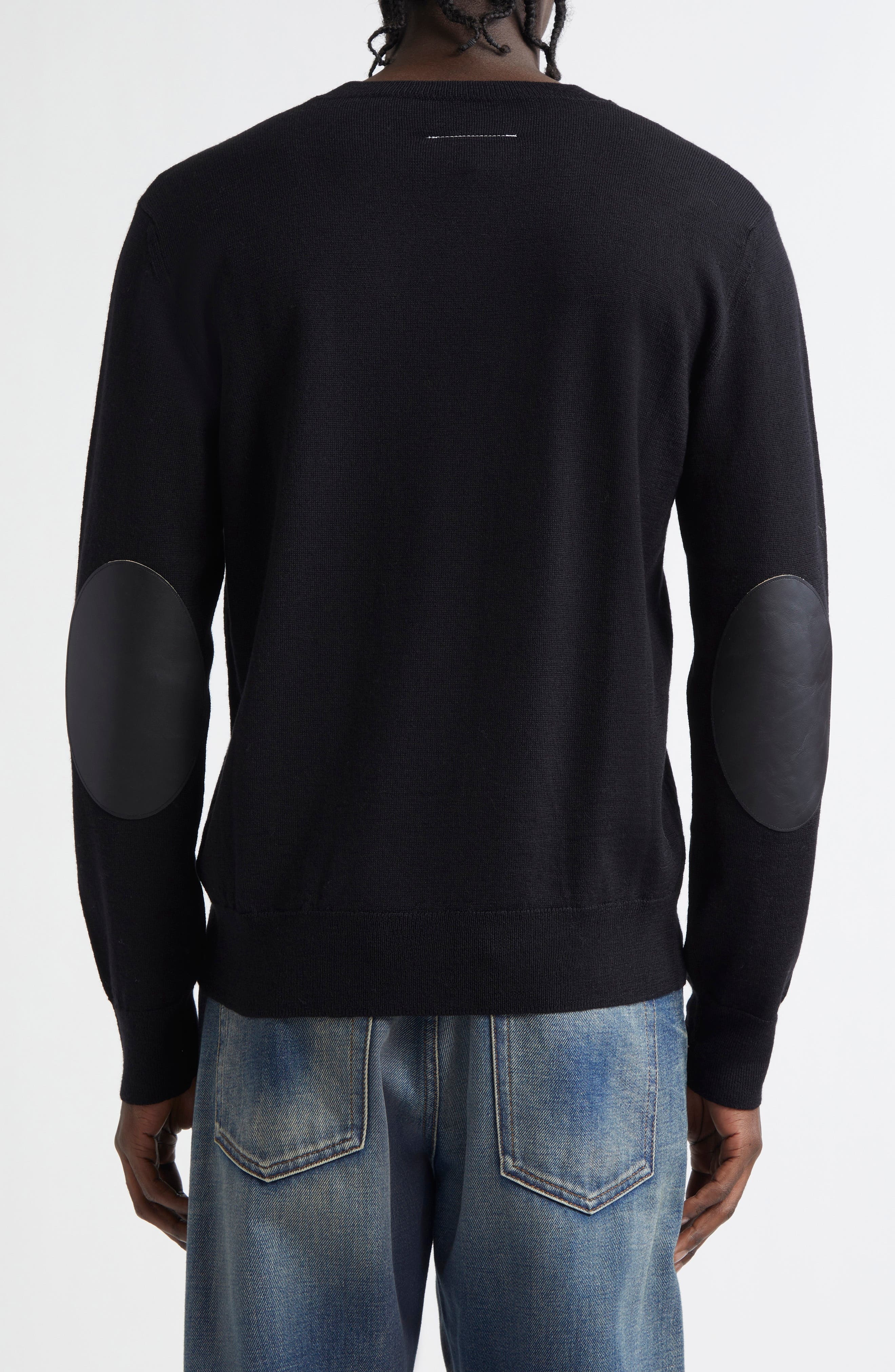 MM6 Maison Margiela Leather Elbow Patch Crewneck Sweater in Black at Nordstrom - 3