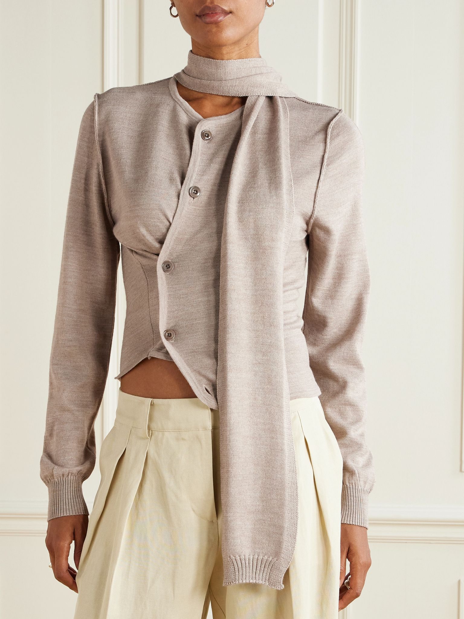 Asymmetric wool-blend cardigan Taupe - 3