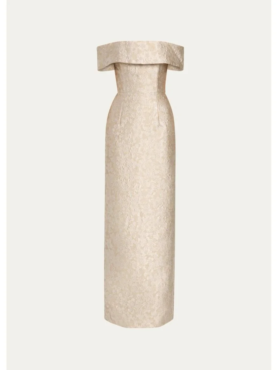Clover Metallic Floral Jacquard Off-The-Shoulder Column Gown - 1