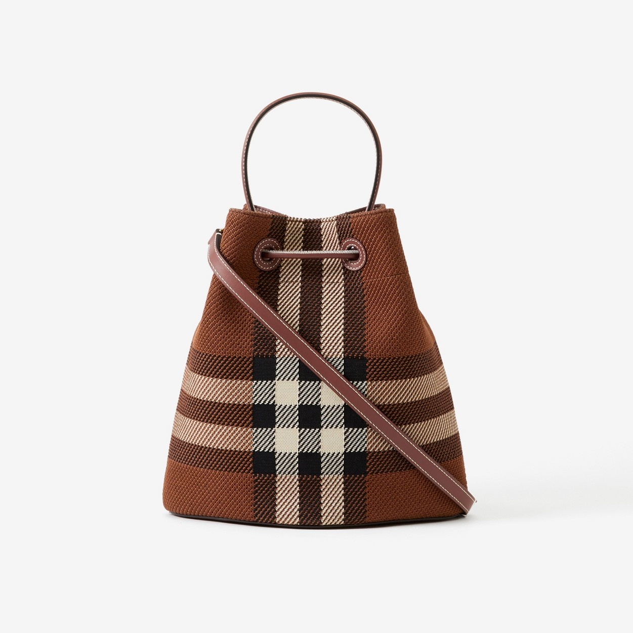 Small Knitted Check and Leather TB Bucket Bag - 3