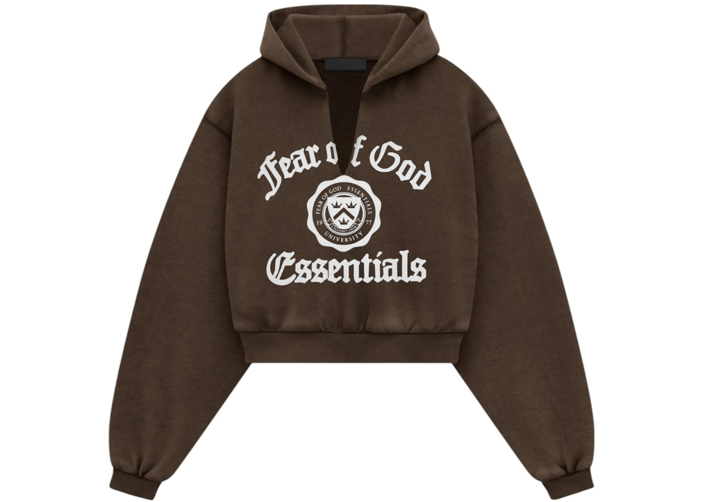 Fear of God Essentials Women's Heavy Fleece Cropped V-Neck Hoodie Brown - 1