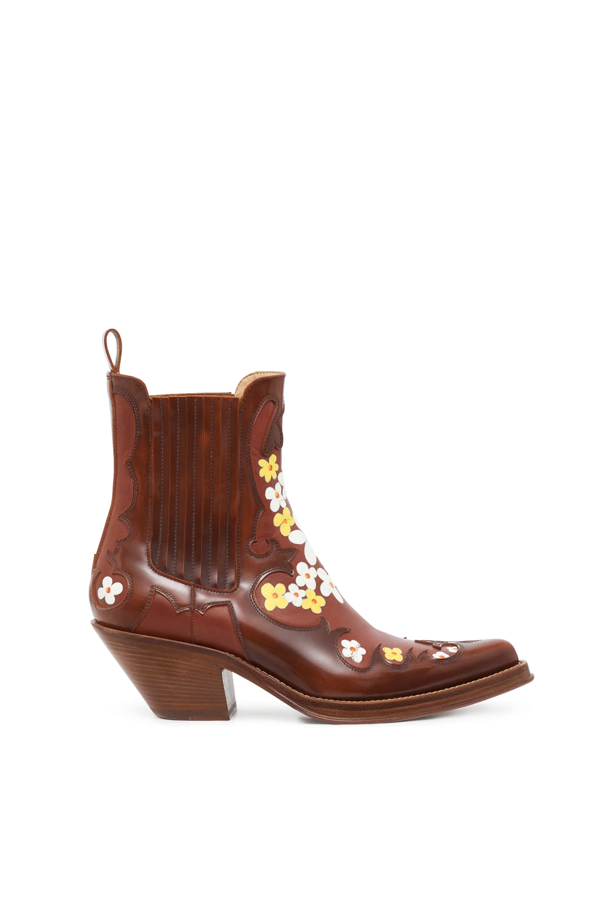 Hand Painted Cassidy Cowboy Ankle Boot in Cognac, Yellow & White Floral Leather - 1