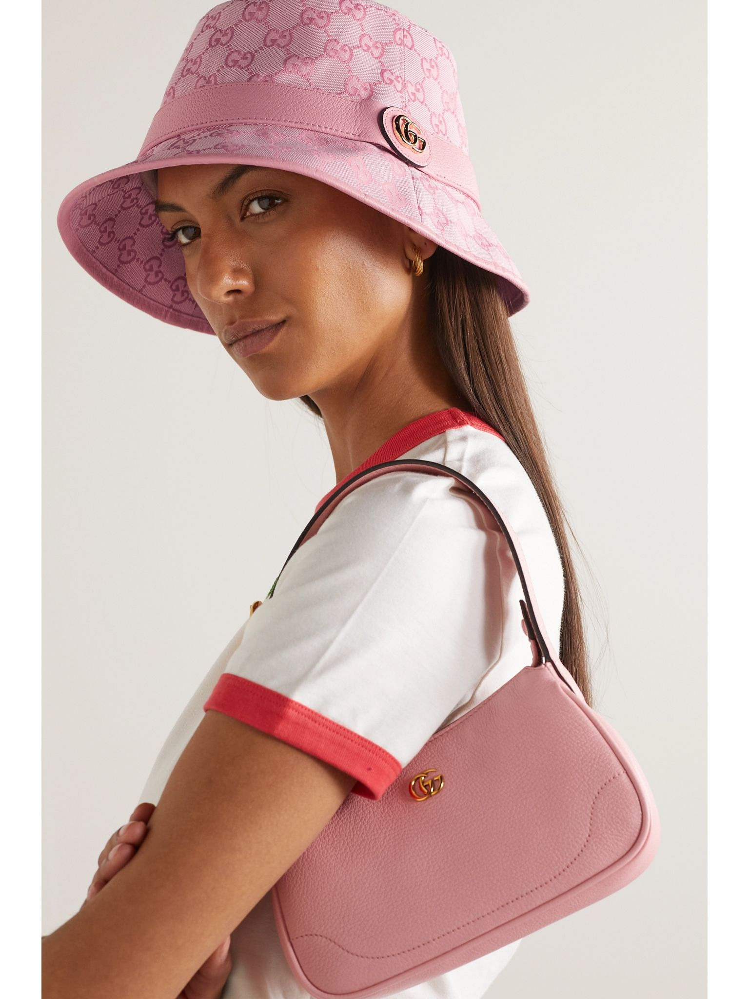 Leather-trimmed cotton-blend canvas-jacquard bucket hat Pink - 2