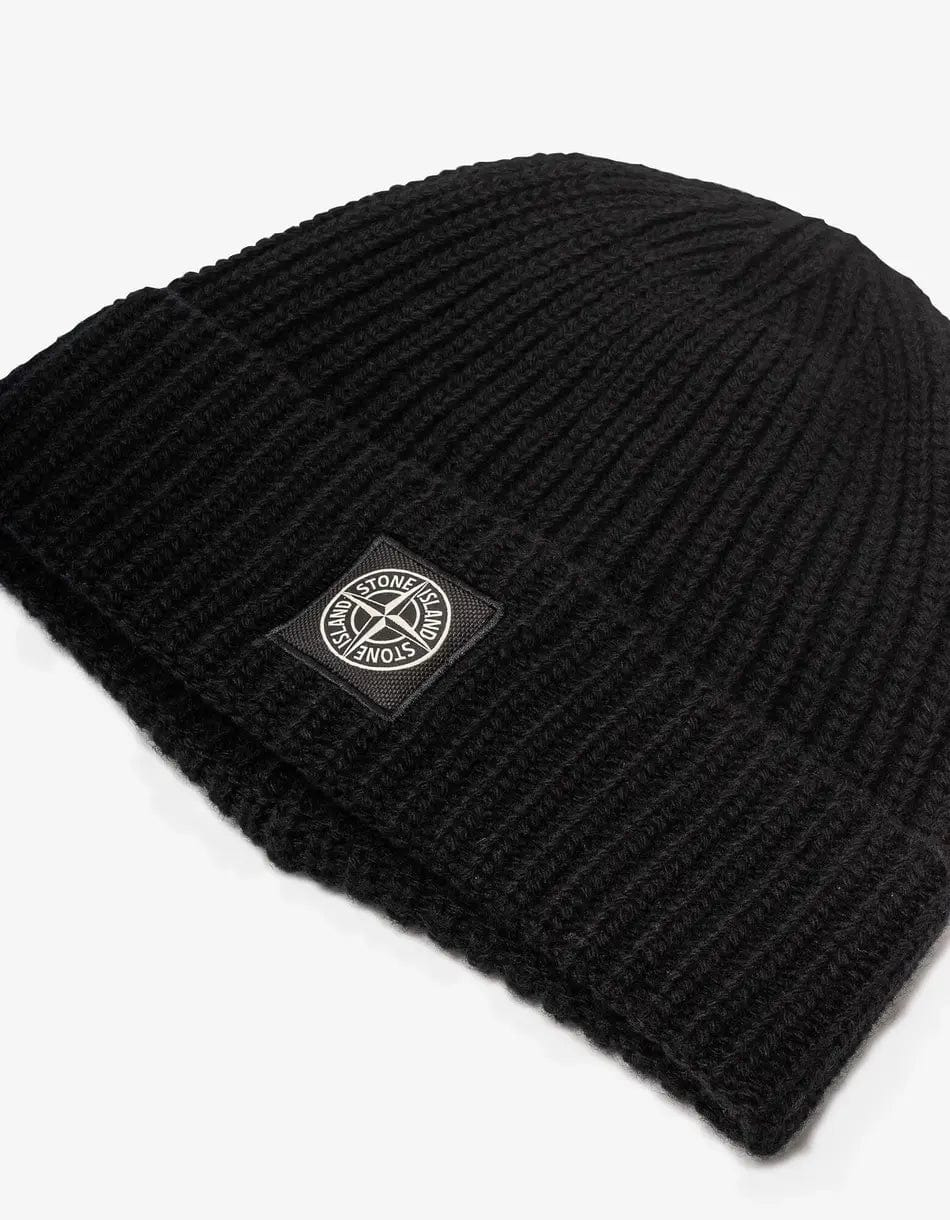 Stone Island Black Logo Patch Wool Beanie Hat - 3
