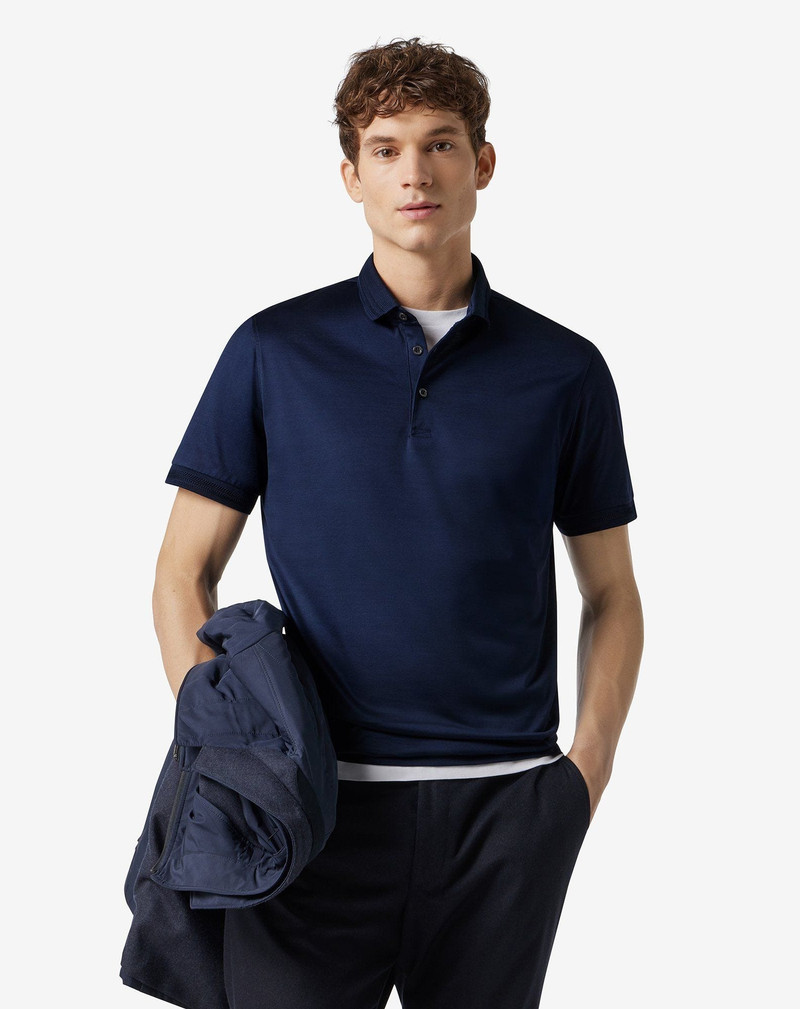 CORNELIANI Blue button-up polo shirt in lisle cotton outlook