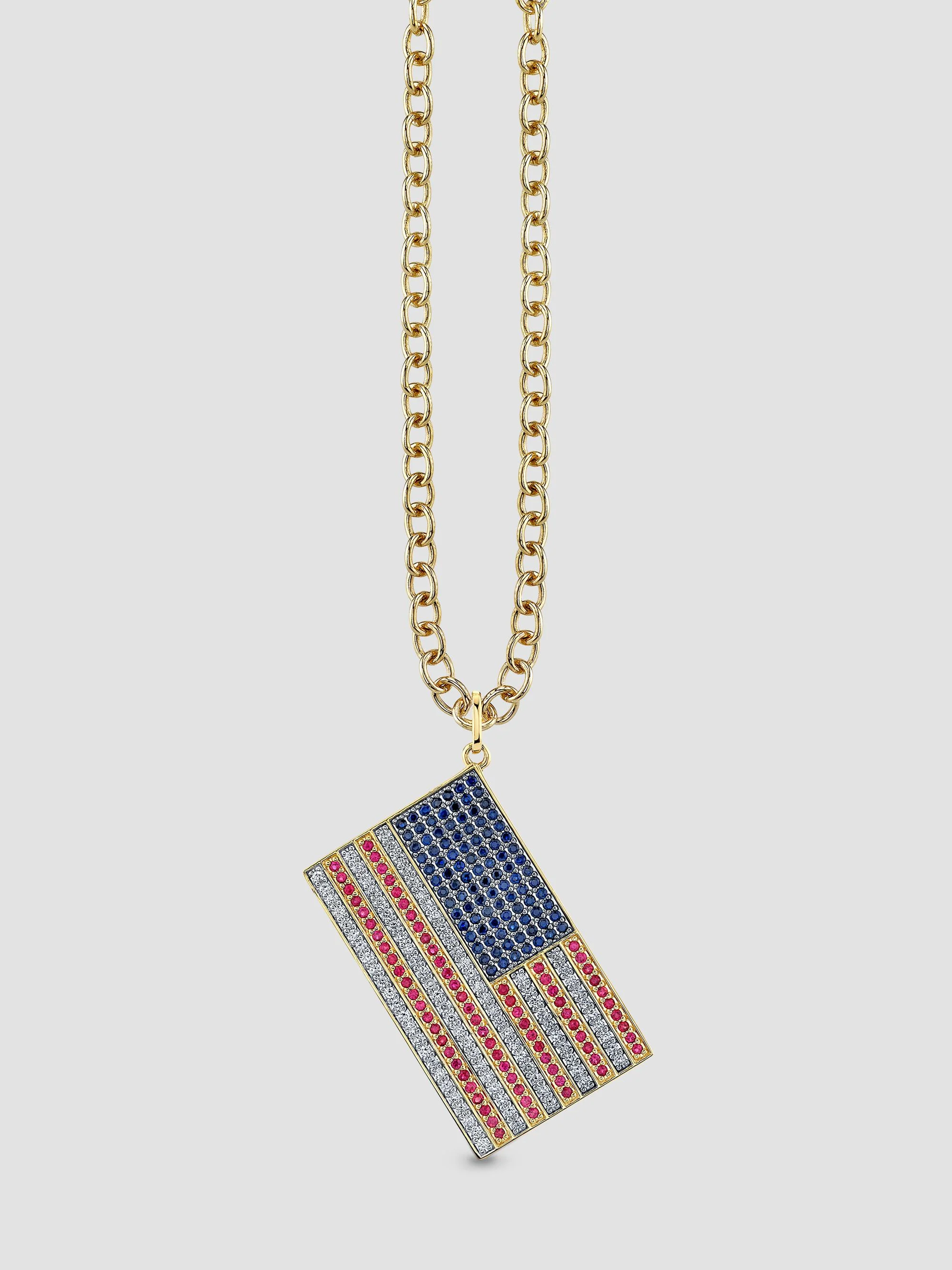 Women's 14K Gold, Ruby, Sapphire & 0.71 TCW Diamond American Flag Pendant Necklace - Yellow Gold - 1