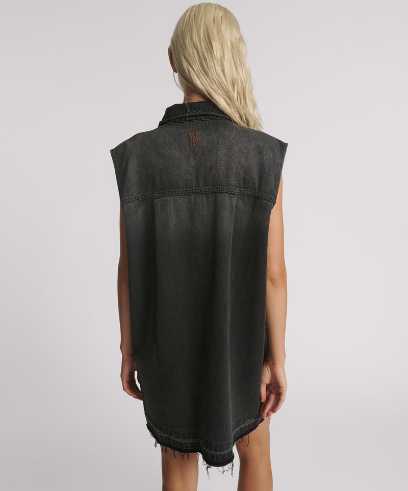 Sleeveless Mini Denim Shirt Dress - Faded Black 4