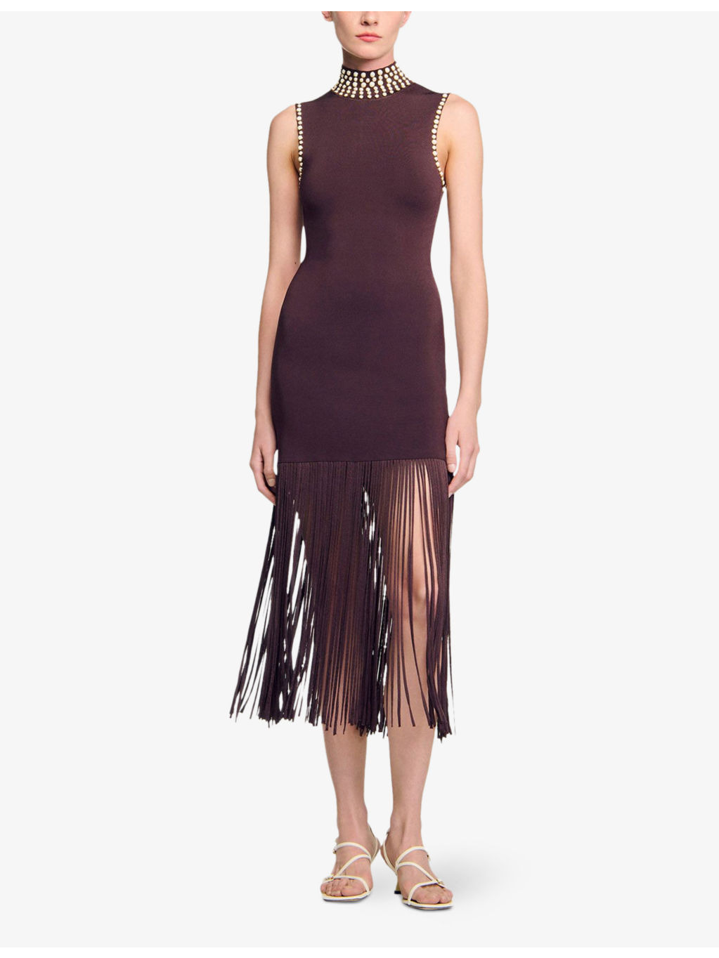 Fringed-Hem Round-Neck Sleeveless Stretch-Knit Maxi Dress - 3