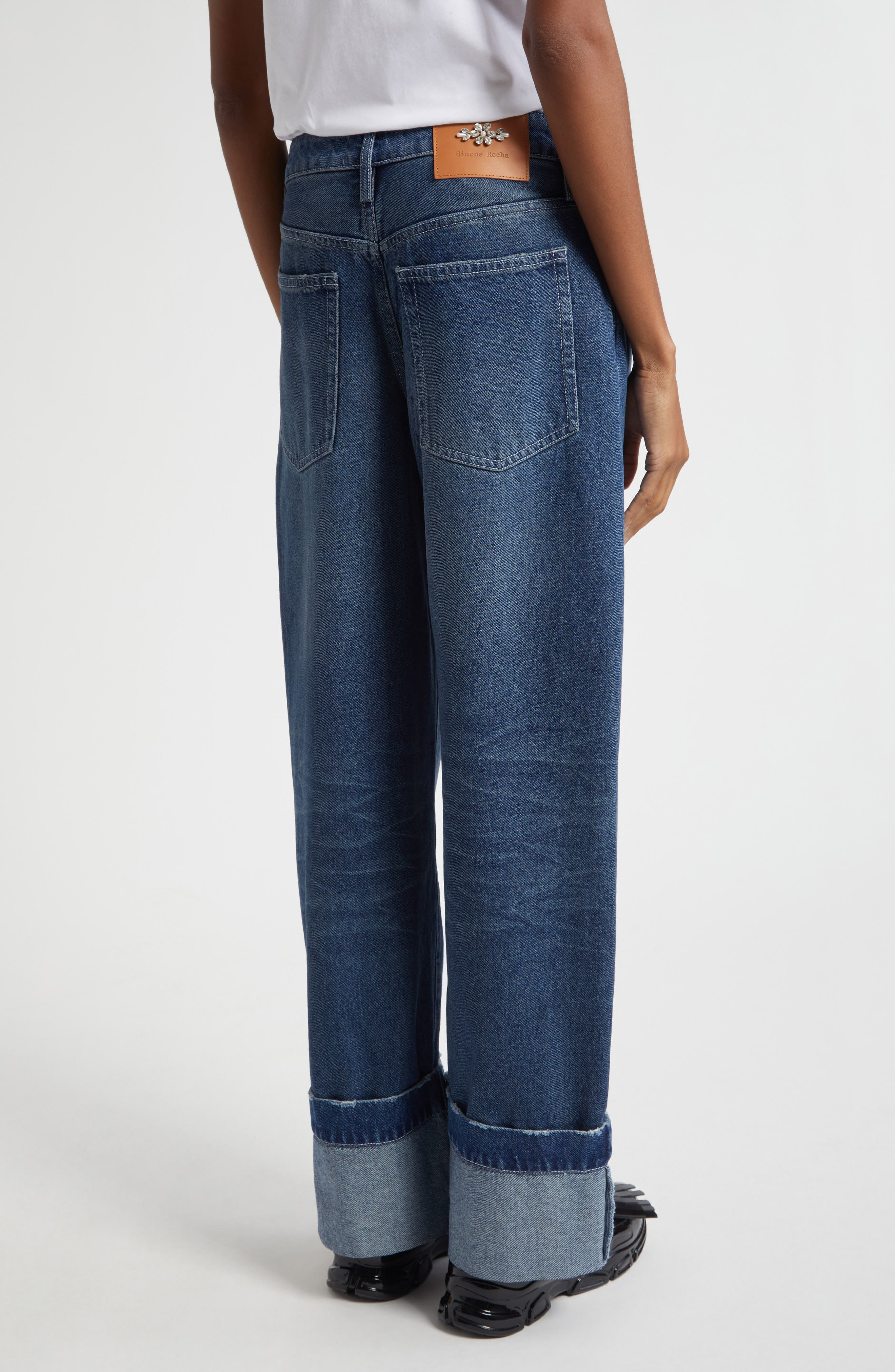 Simone Rocha Embellished Distressed Straight Leg Jeans in Distressed Blue/Pearl/Clear at Nordstrom - 3