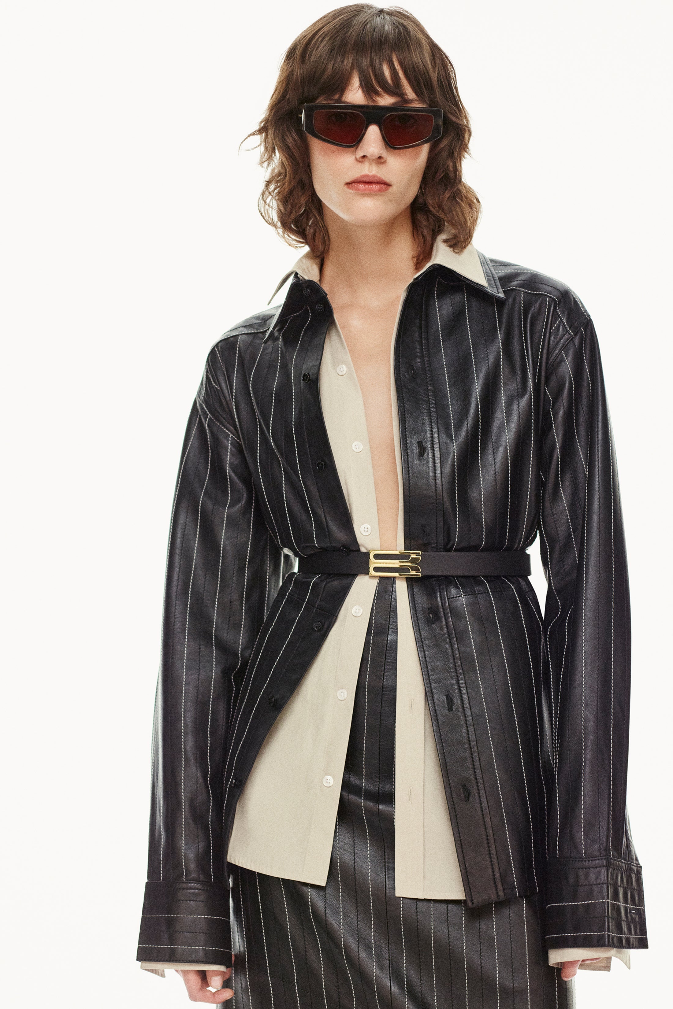 Tab Detail Leather Shirt In Black-Ivory - 3