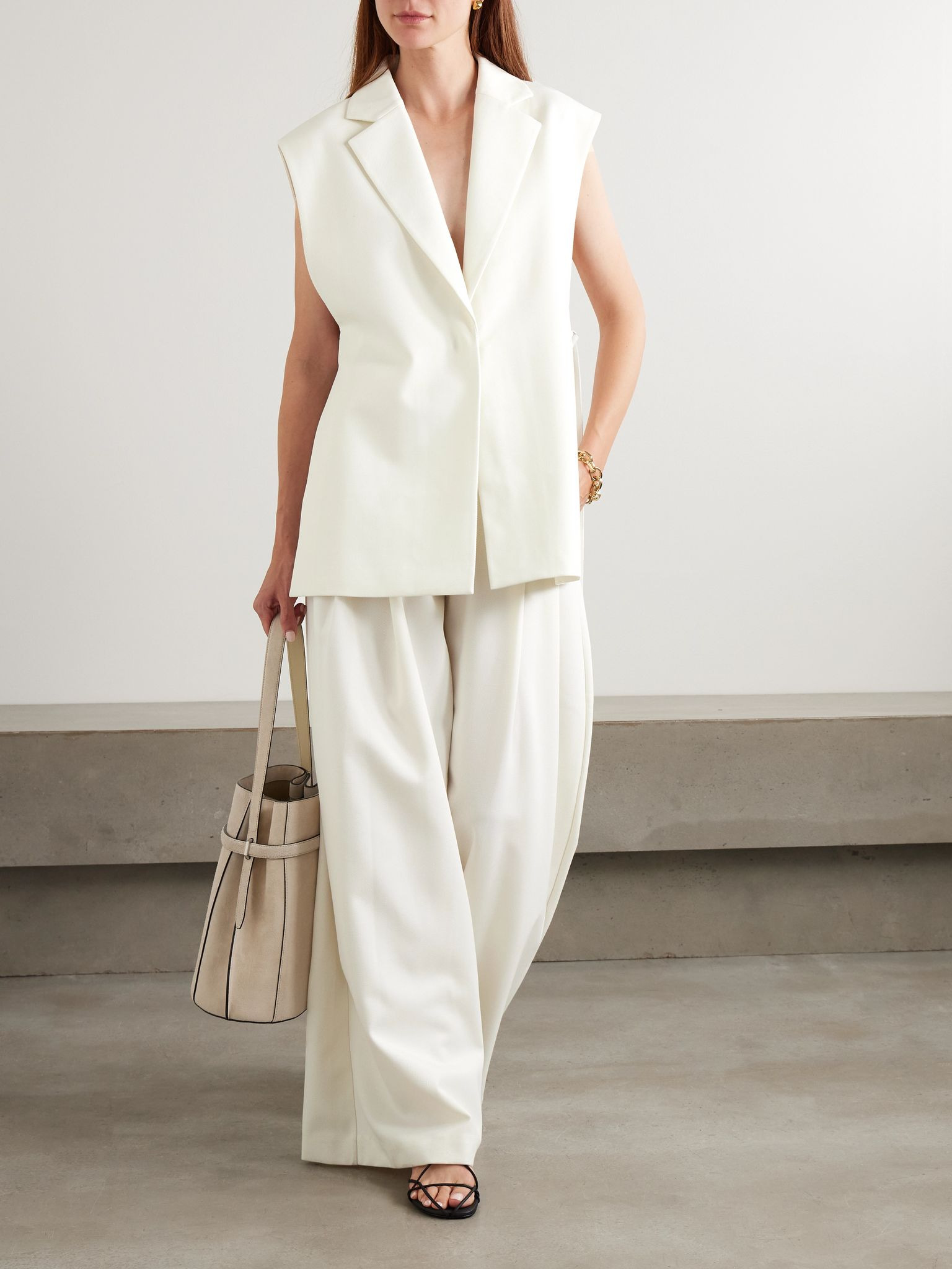 Pleated wool-blend twill wide-leg pants Off-white - 2