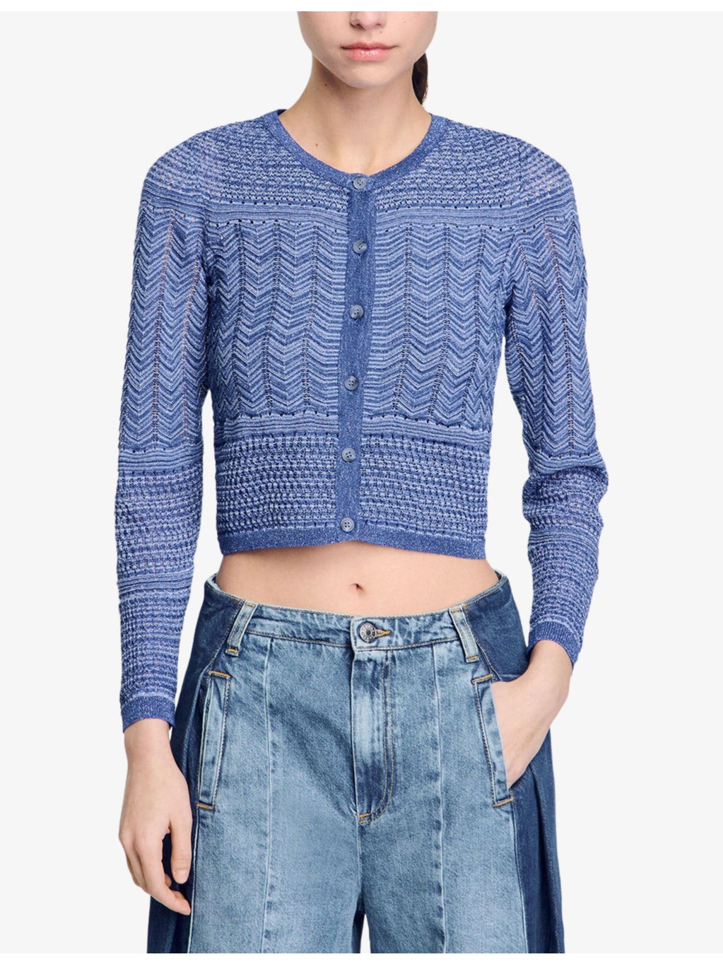 Glitter-Thread Cropped Knitted Cardigan - 3