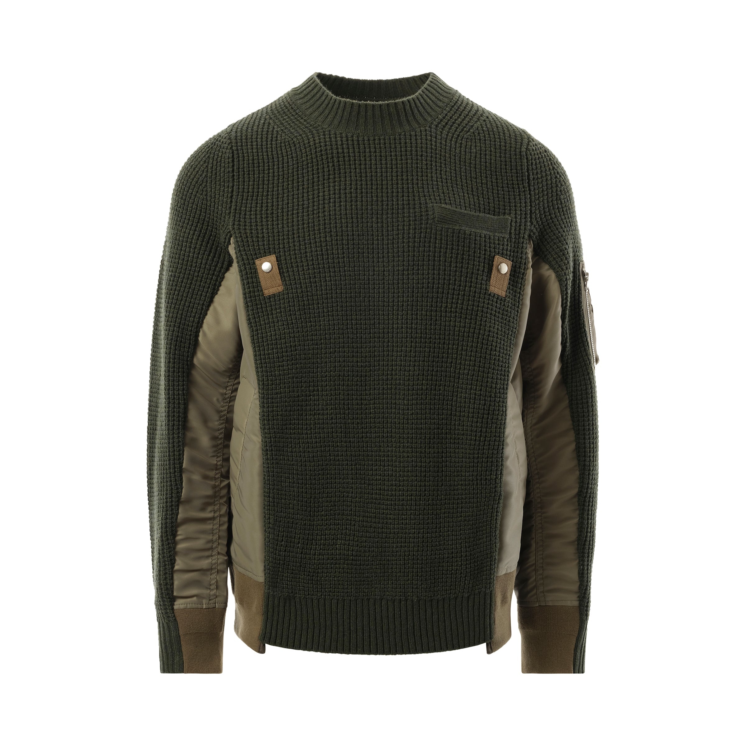 Nylon Twill x Wool Knit Pullover in Khaki - 2