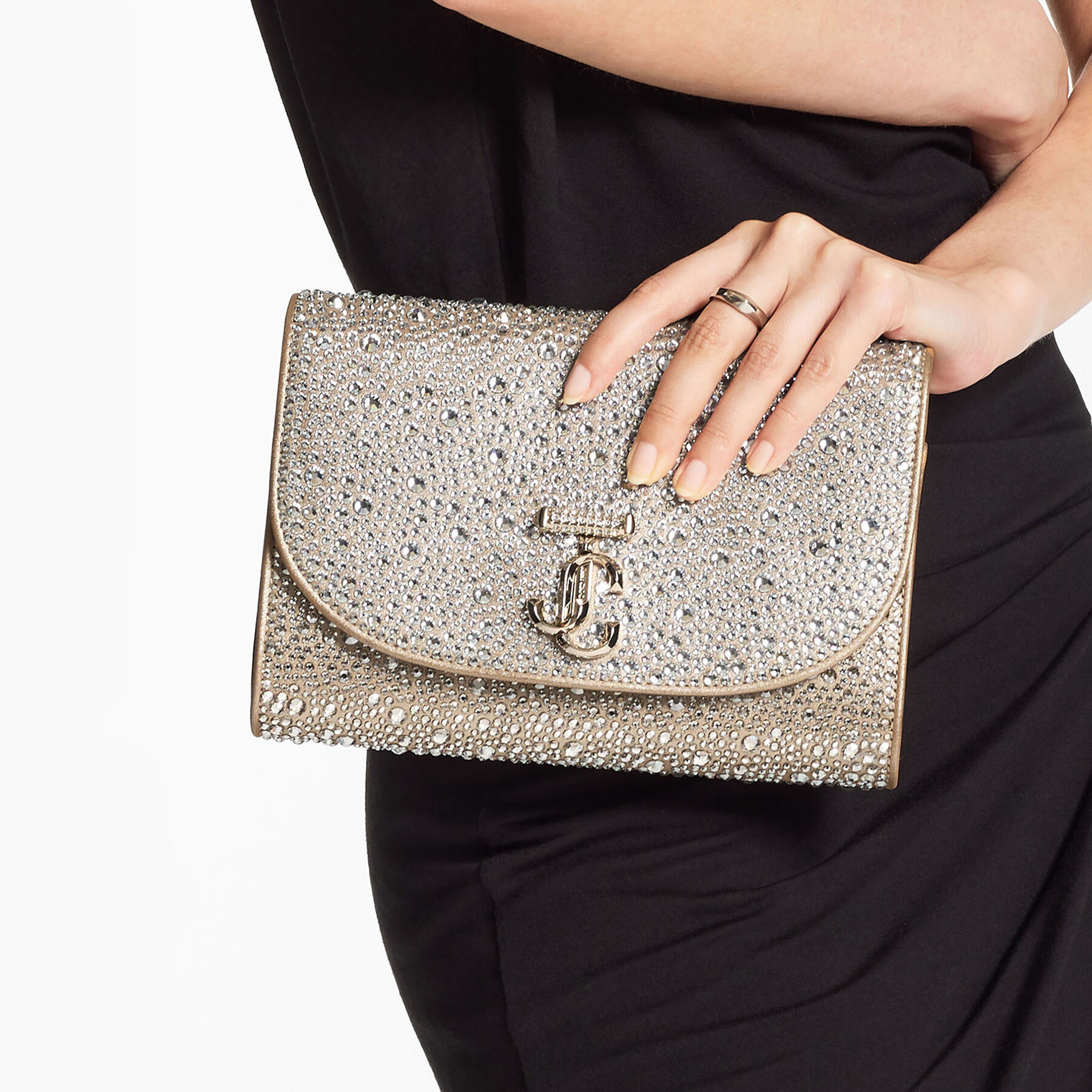 Curve Clutch
Gold Shimmer Suede Clutch Bag with Hotfix Crystals - 2