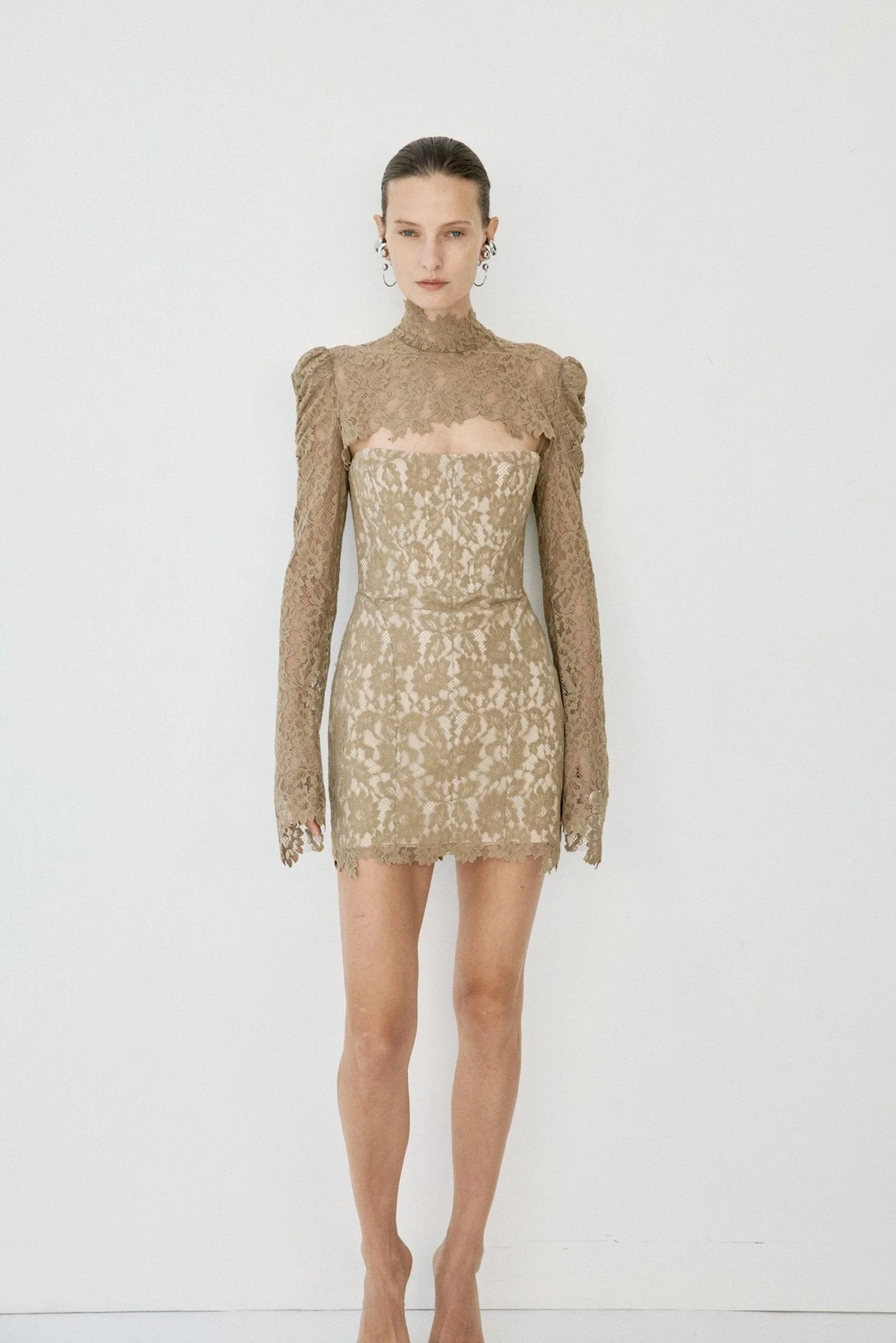 VIRESCO MINI DRESS IN TRUFFLE BROWN LACE - 1