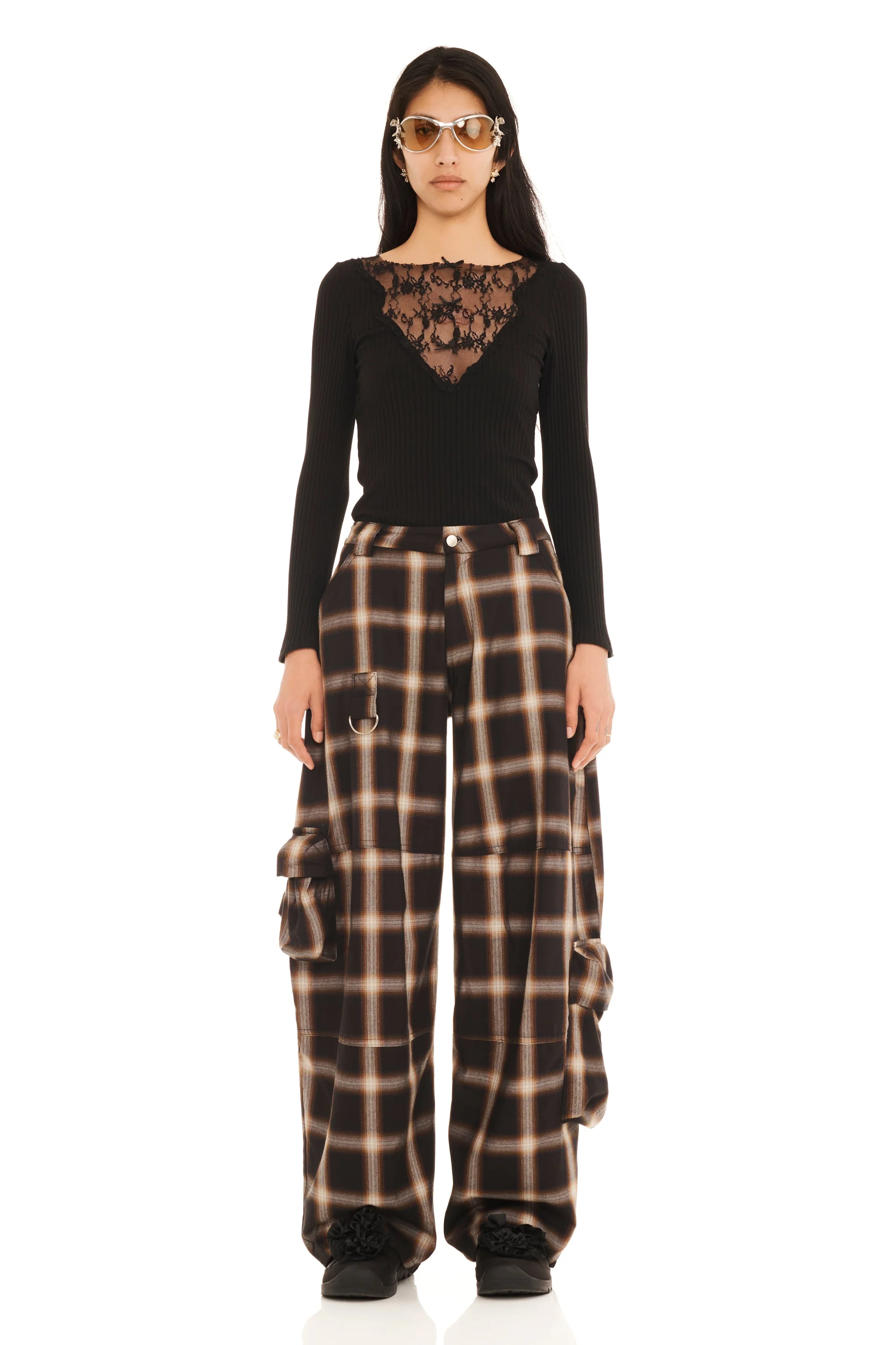 BLACK PLAID LAWN CARGO PANT - 1
