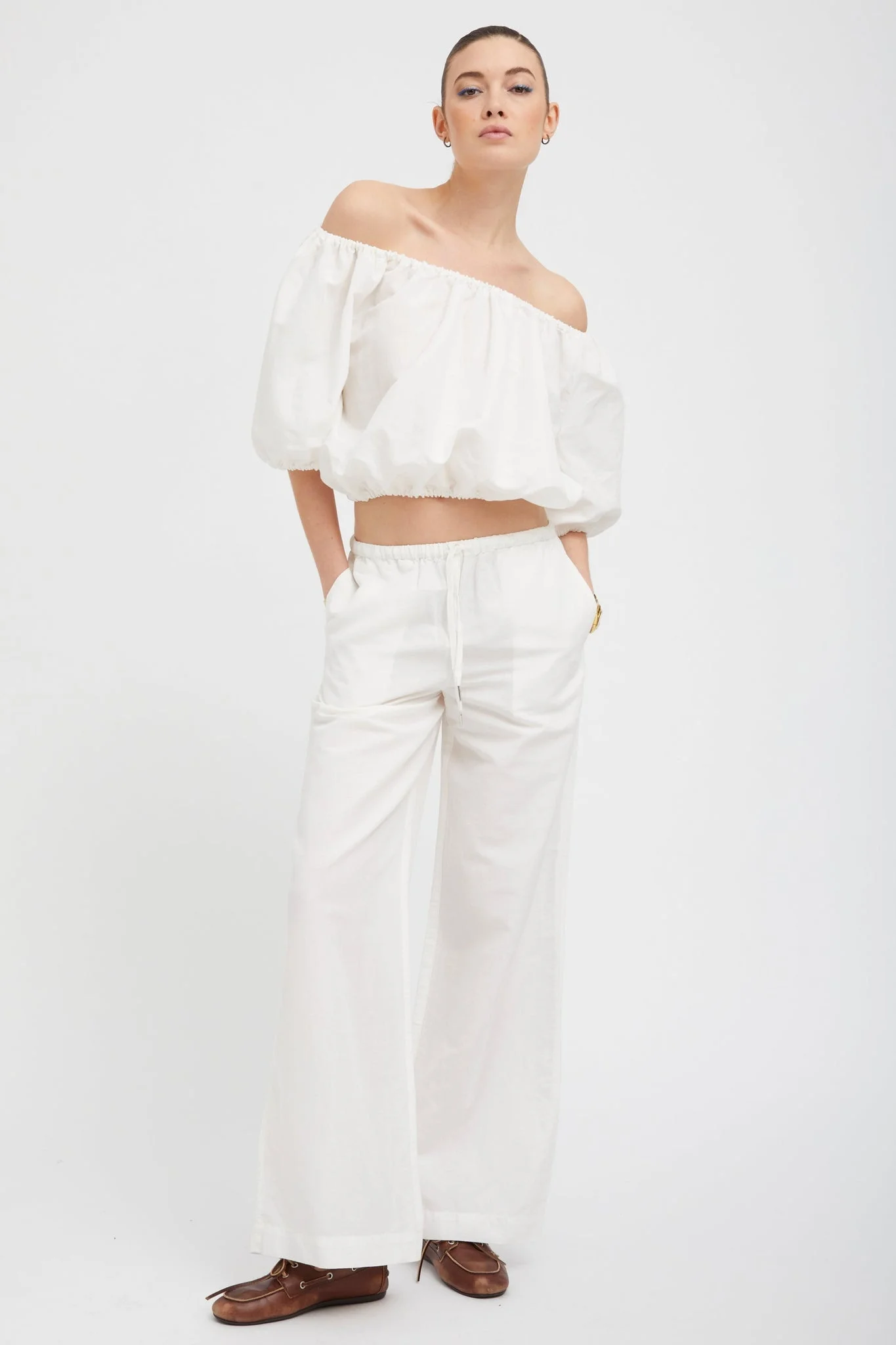 WHITE LINEN DRAWSTRING PANTS - 1