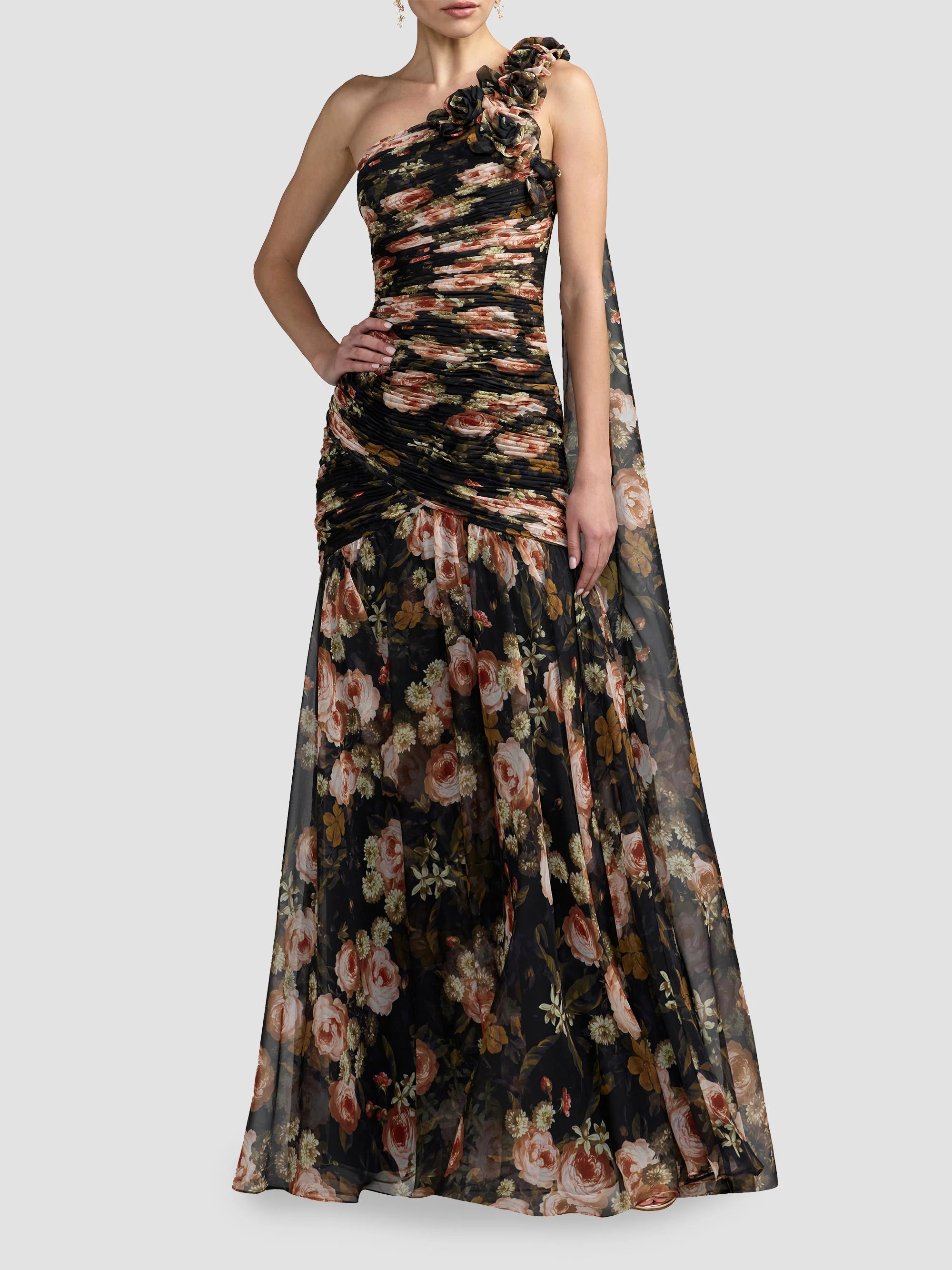Women's Floral Chiffon One-Shoulder Gown - Black Multi - 1