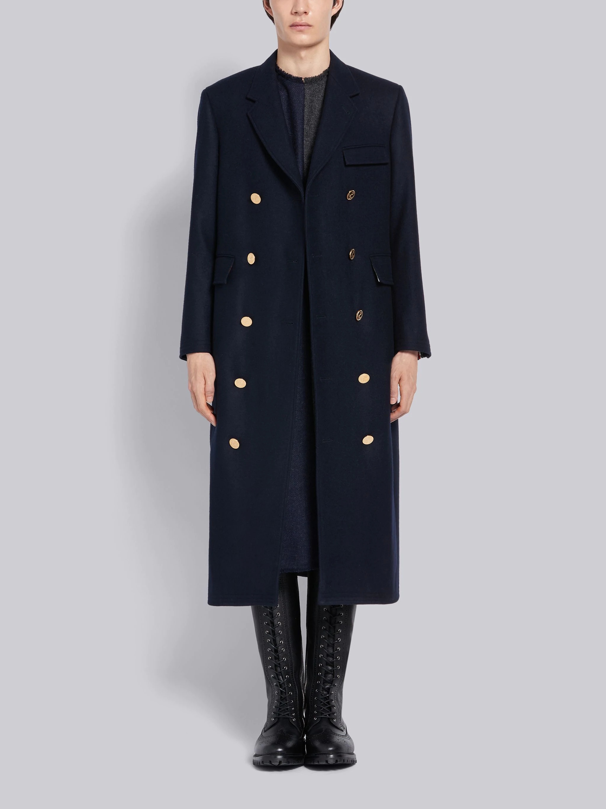 Navy Melton Wool Long Chesterfield Overcoat - 4