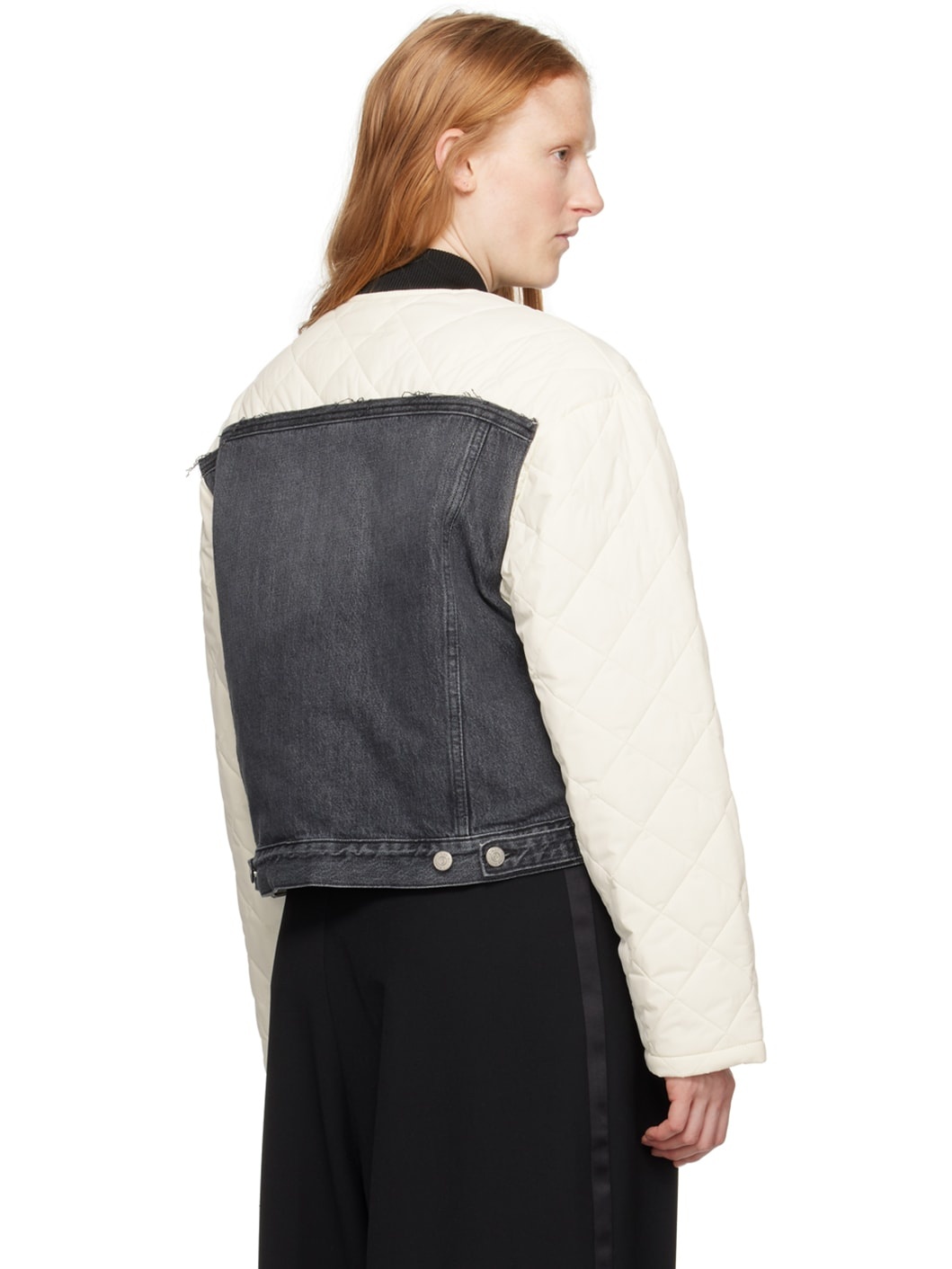 Off-White & Black Paneled Denim Bomber Jacket - 3