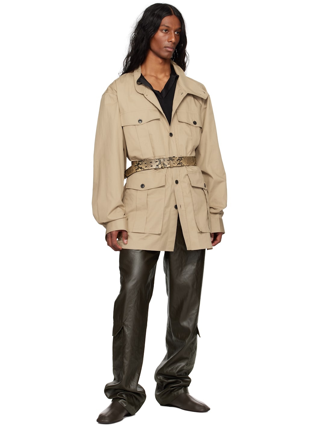 Beige & Black Leather Belt - 3