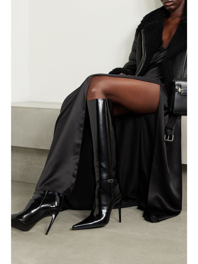 SAINT LAURENT Vendome buckled glossed-leather knee boots Black outlook
