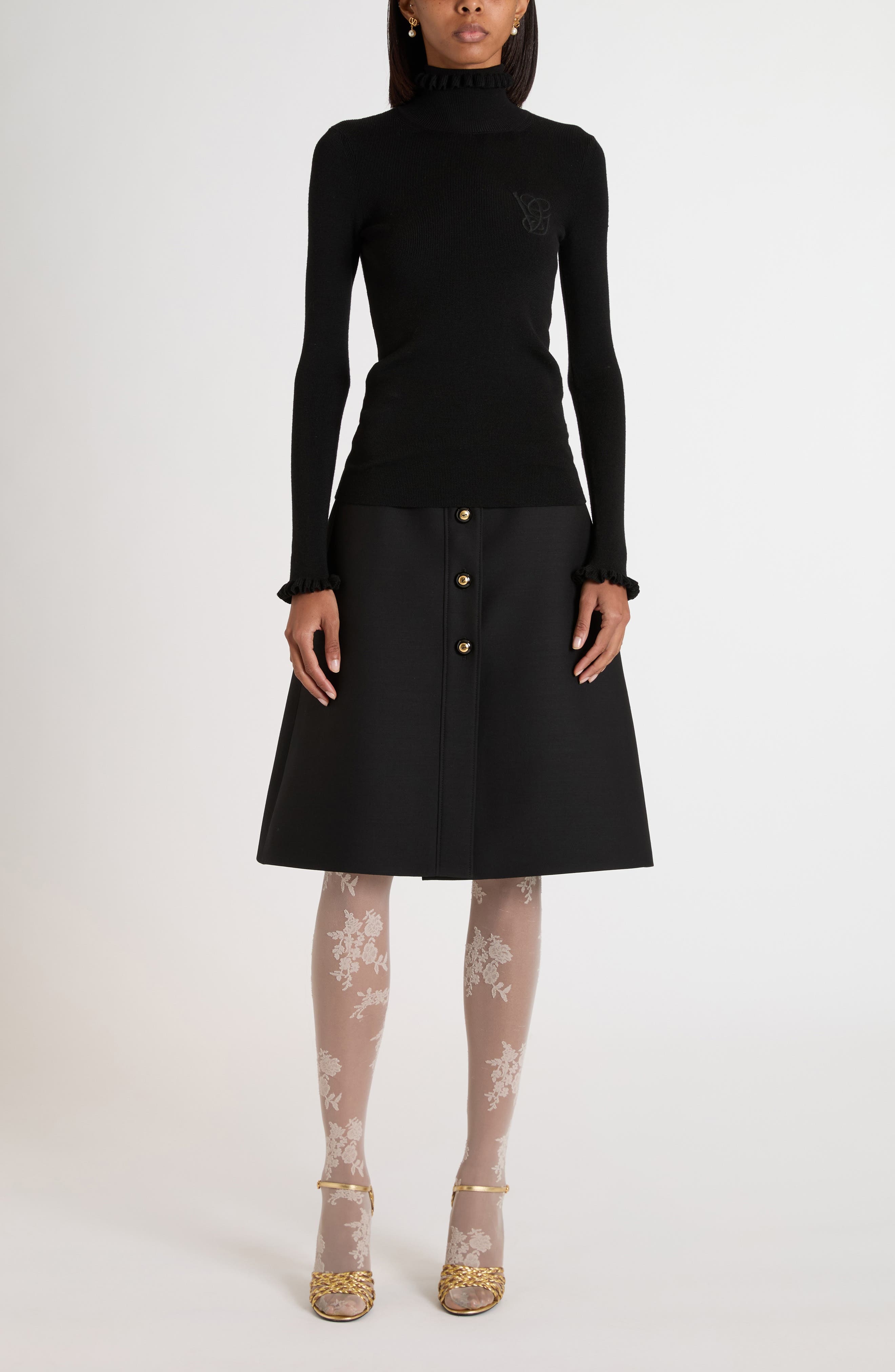 Valentino Garavani Ruffle Trim Rib Virgin Wool Sweater in Black at Nordstrom - 2