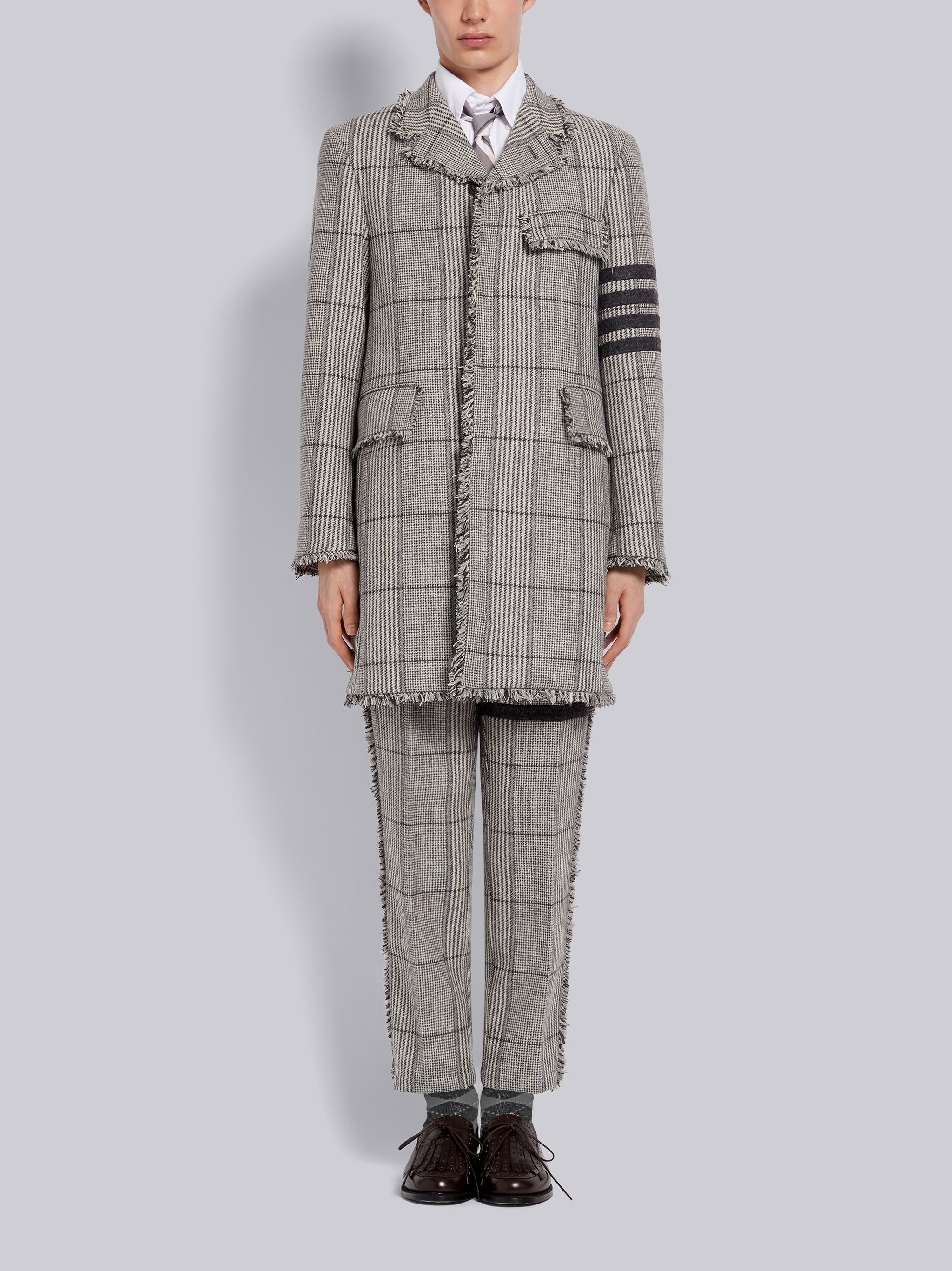 Black and White Prince of Wales Oversized Check Hunting Wool Tweed Frayed Unconstructed Classic Ches - 1