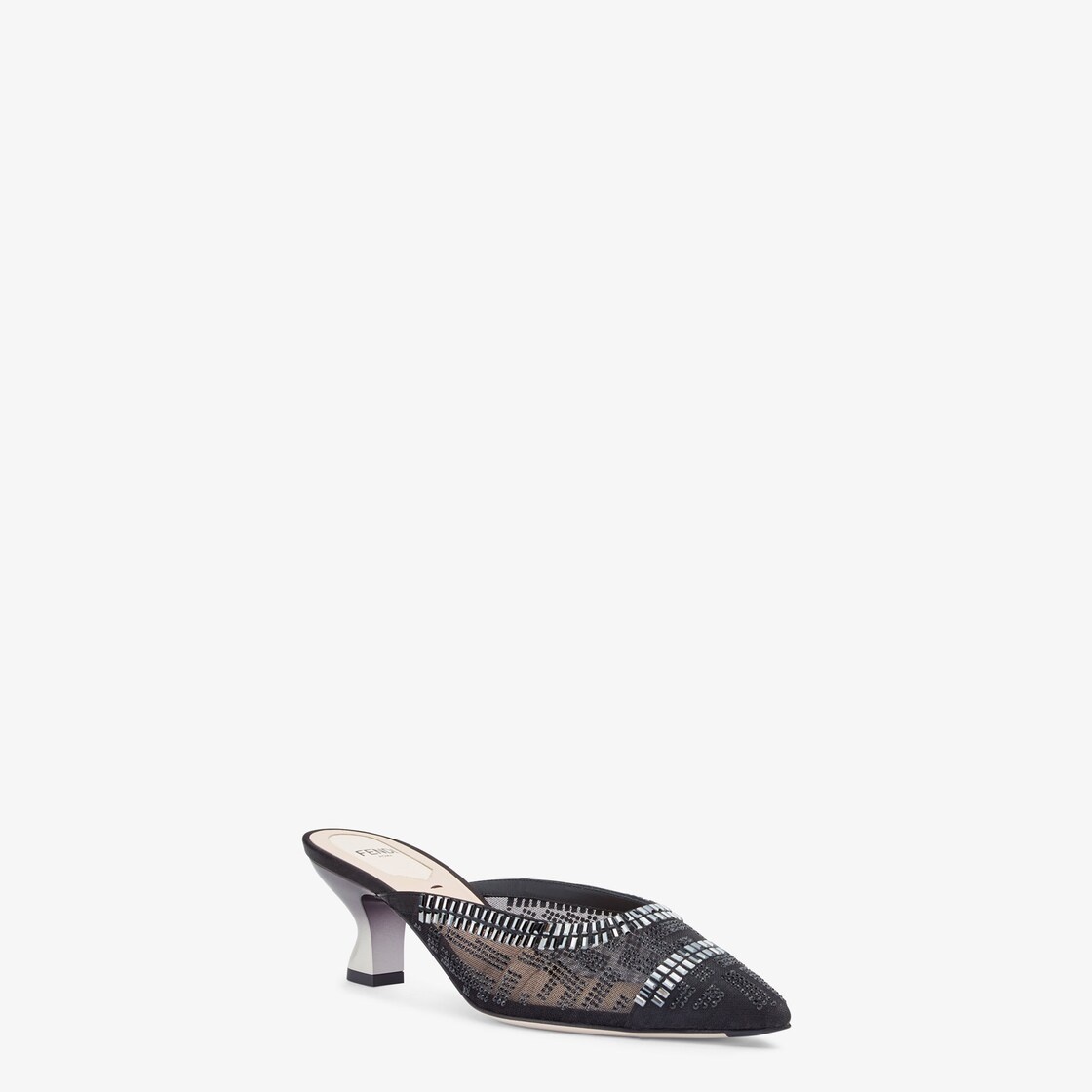 Black mesh medium-heel sabots with rhinestone embroidery - 2