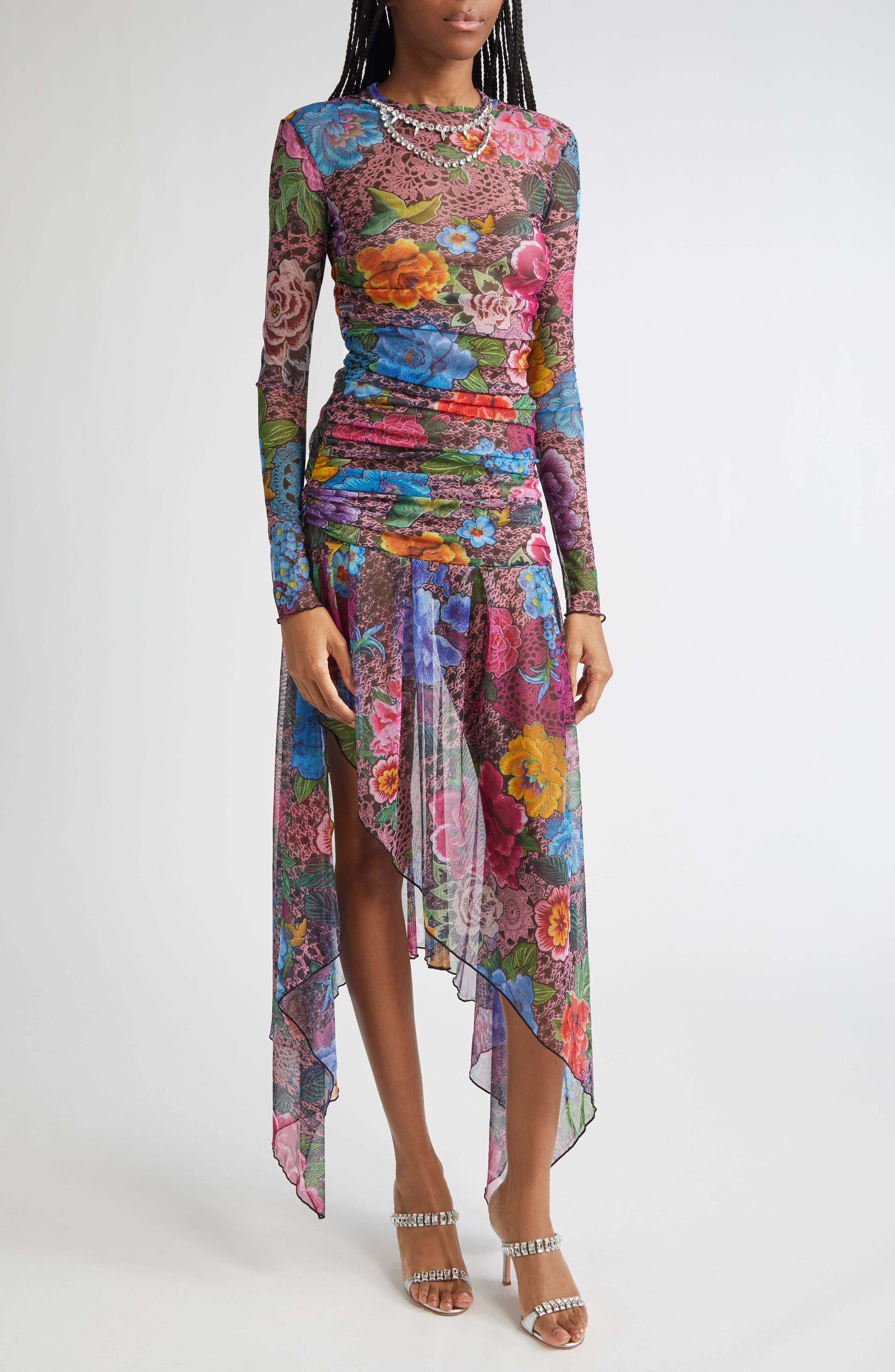 Area Crystal Embellished Floral Long Sleeve Tulle Midi Dress in Pink Multi at Nordstrom - 4