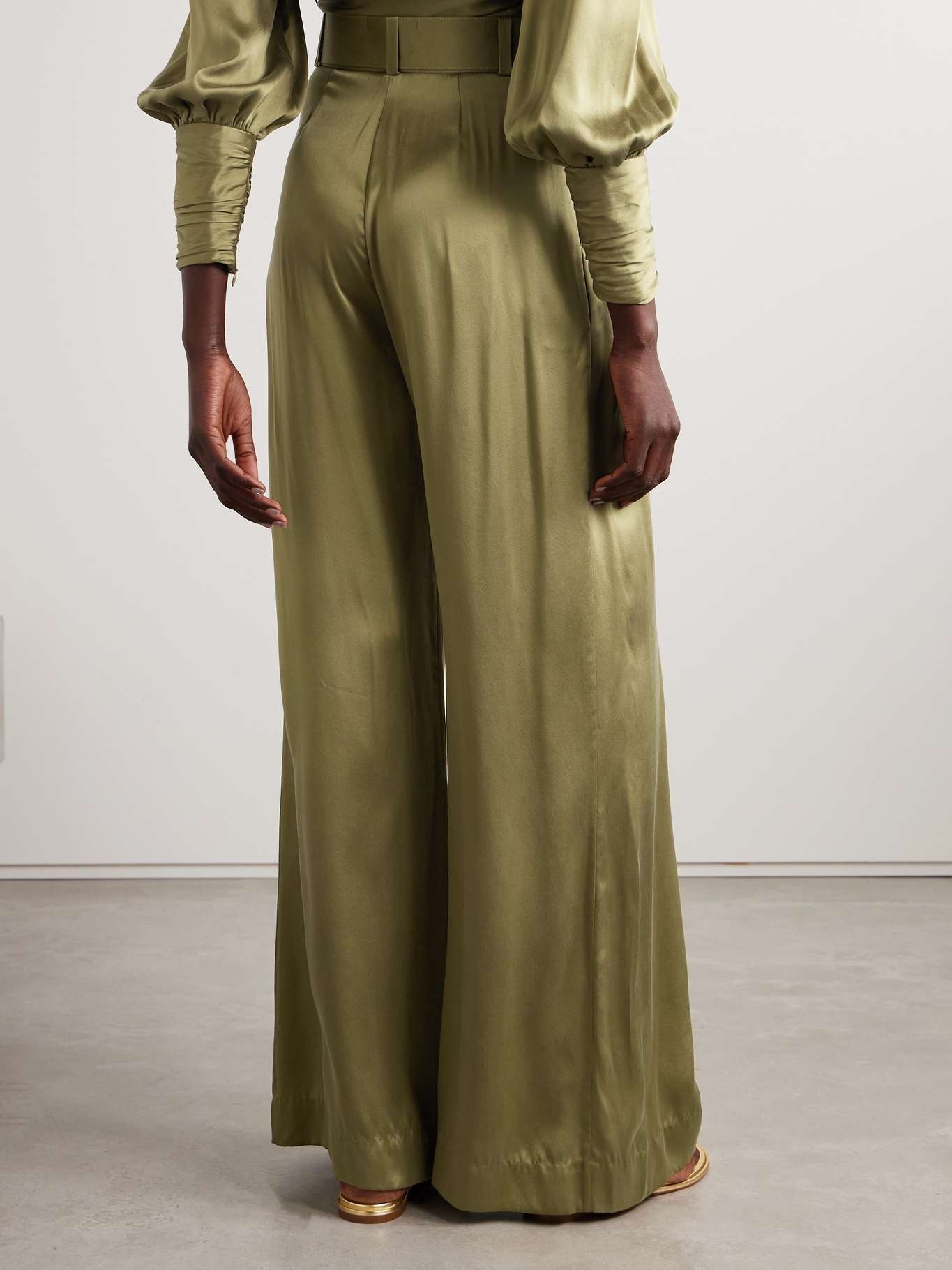 Belted pleated silk-satin wide-leg pants - 3