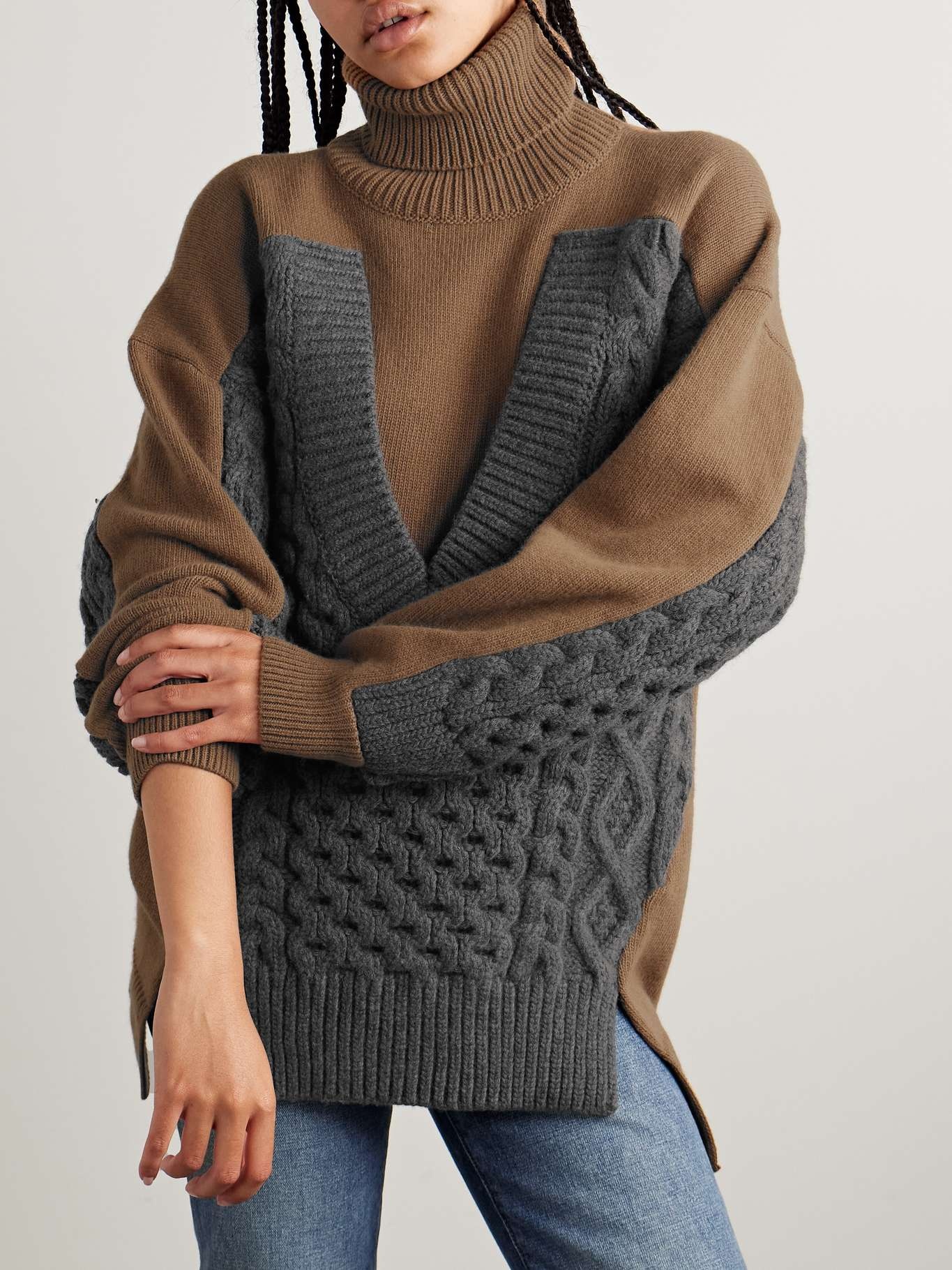 Paneled ribbed and cable-knit wool turtleneck sweater - 3