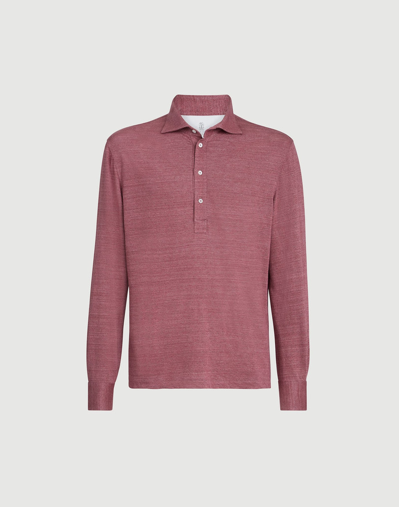 Linen and cotton mélange jersey long sleeve polo with shirt-style collar 1