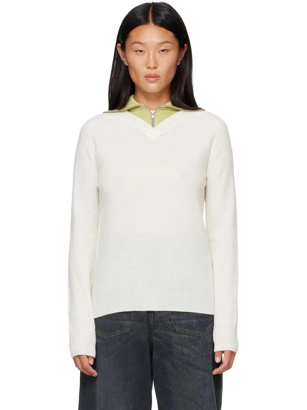Off-White & Green Layered Neckline Pullover Sweater - 1