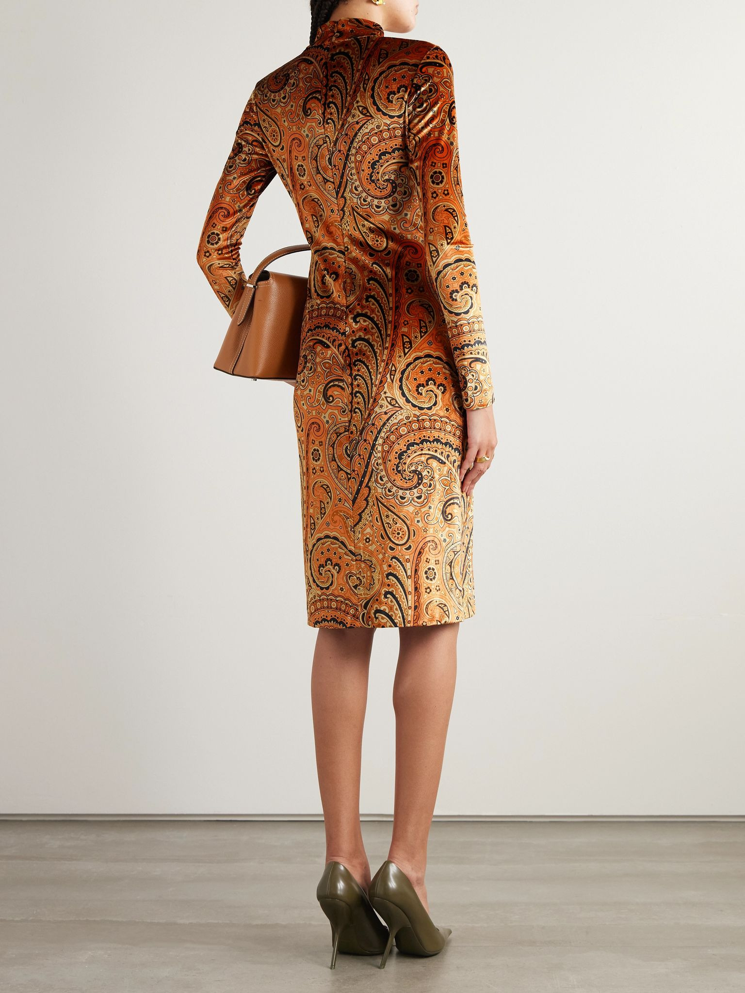 Paisley-print velvet turtleneck midi dress Orange - 3