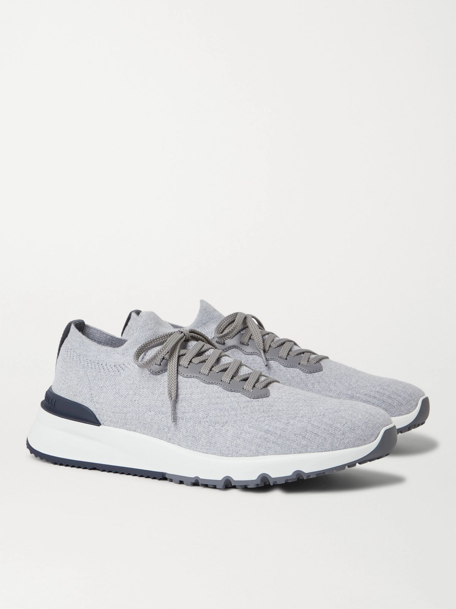 Leather-Trimmed Stretch-Knit Sneakers Gray - 3