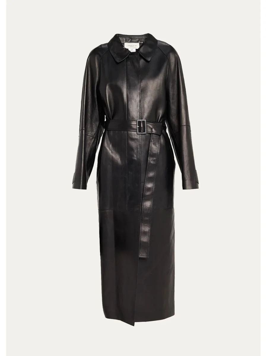 Oversized Belted Leather Trench Coat - 1