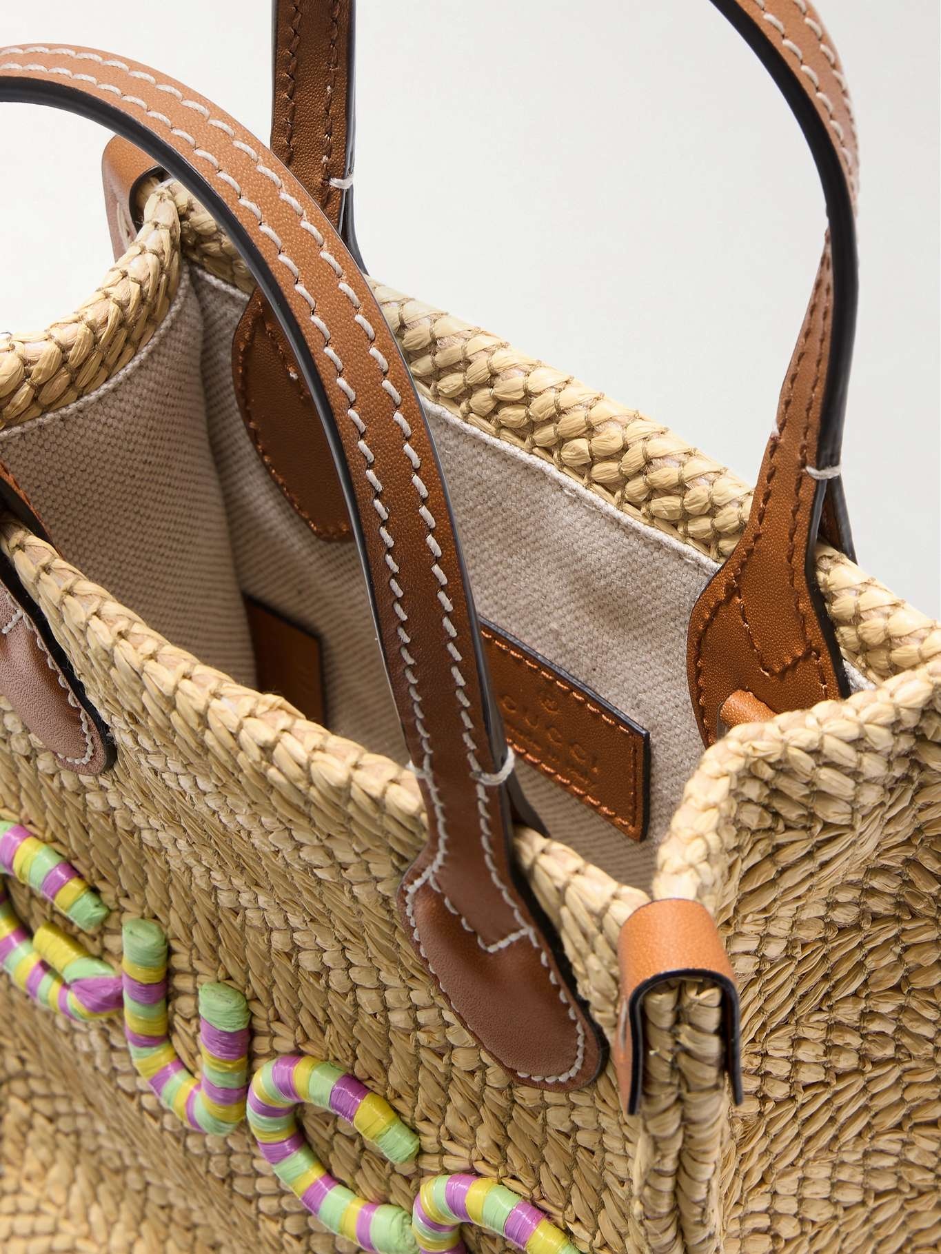 Mini leather-trimmed appliquéd raffia tote - 5