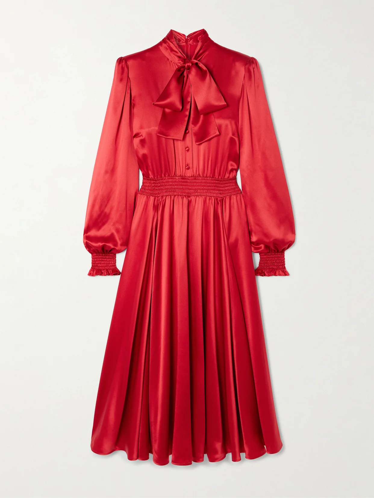 Pussy-bow Smocked Pleated Silk-satin Midi Dress - 1