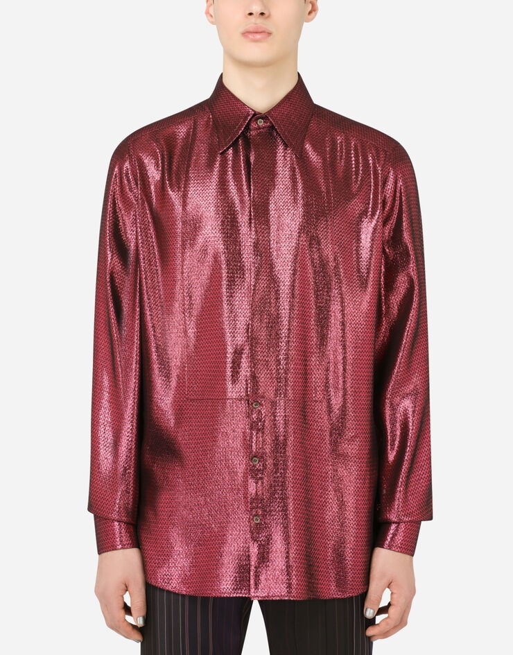 Laminated textured silk Gold-fit tuxedo shirt - 1