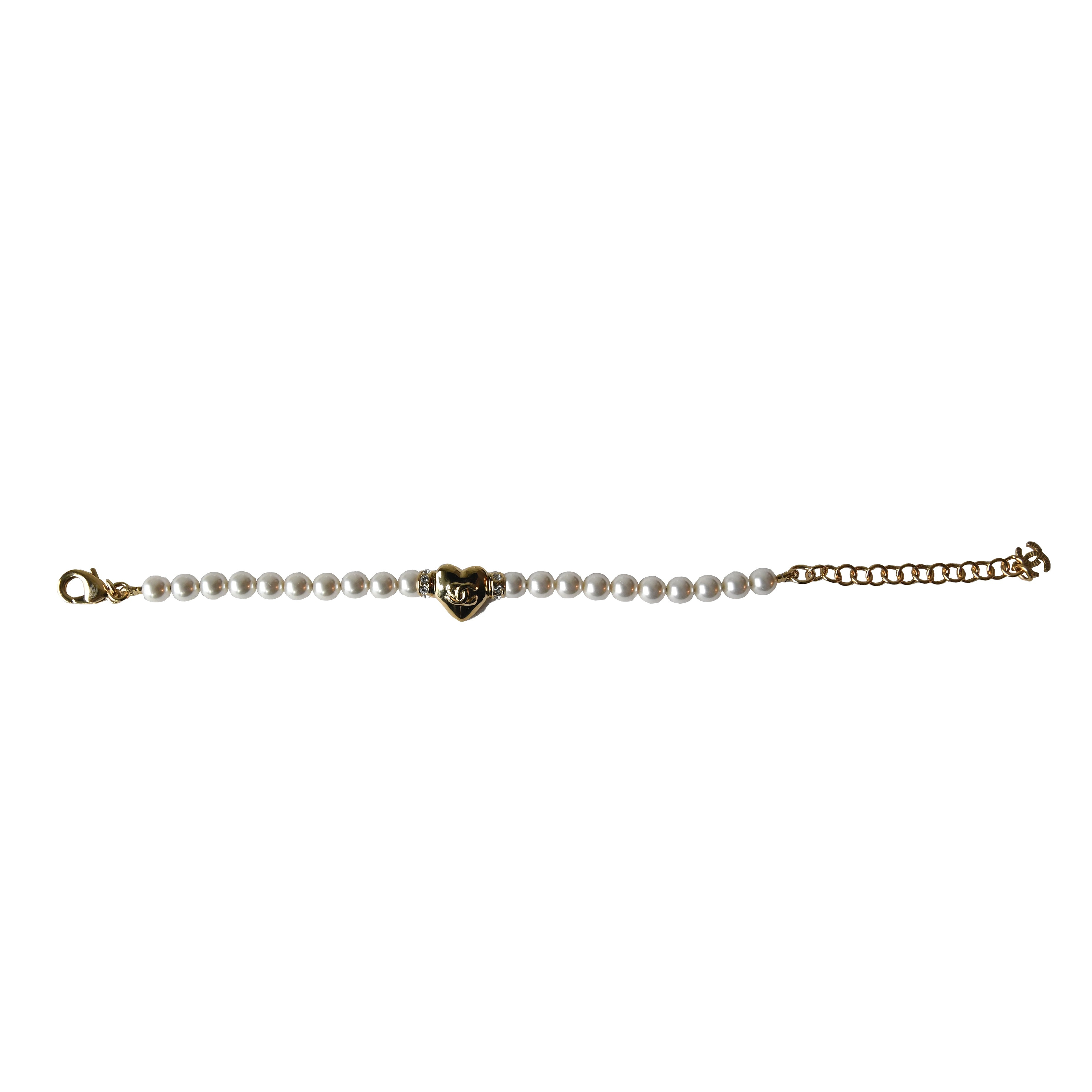 Chanel CC Crystal Strass Heart Pearl Bracelet Gold - 2