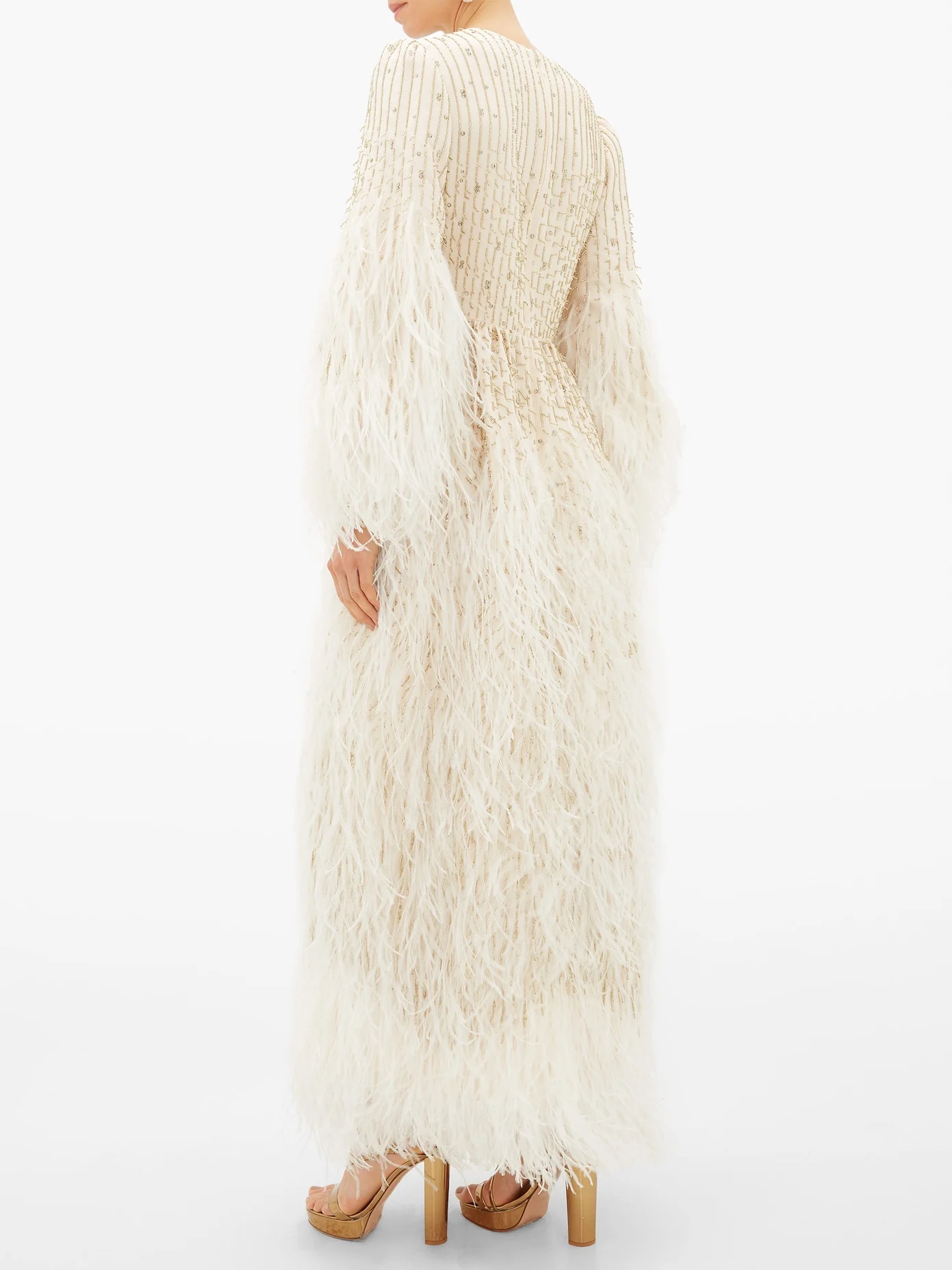 Feather-trimmed beaded wool-blend gown - 5