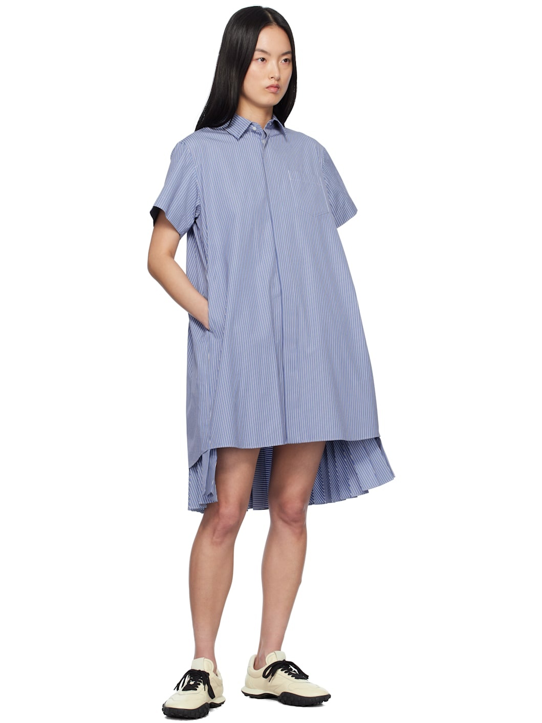 sacai Layered pleated pinstriped poplin midi shirt dress