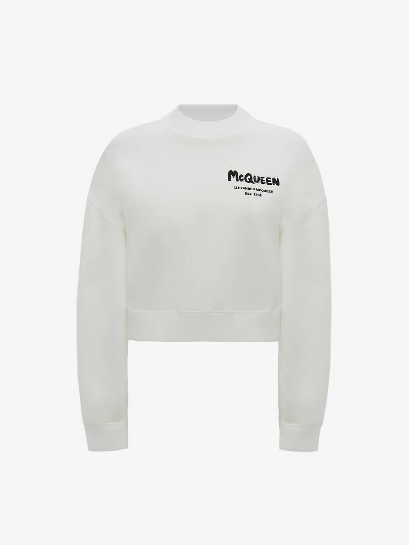 Mcqueen Graffiti Cropped Sweatshirt in White - 1