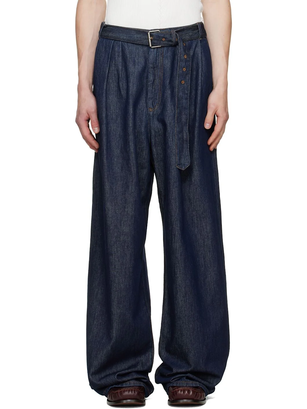 Navy Belted Pleat Jeans - 1