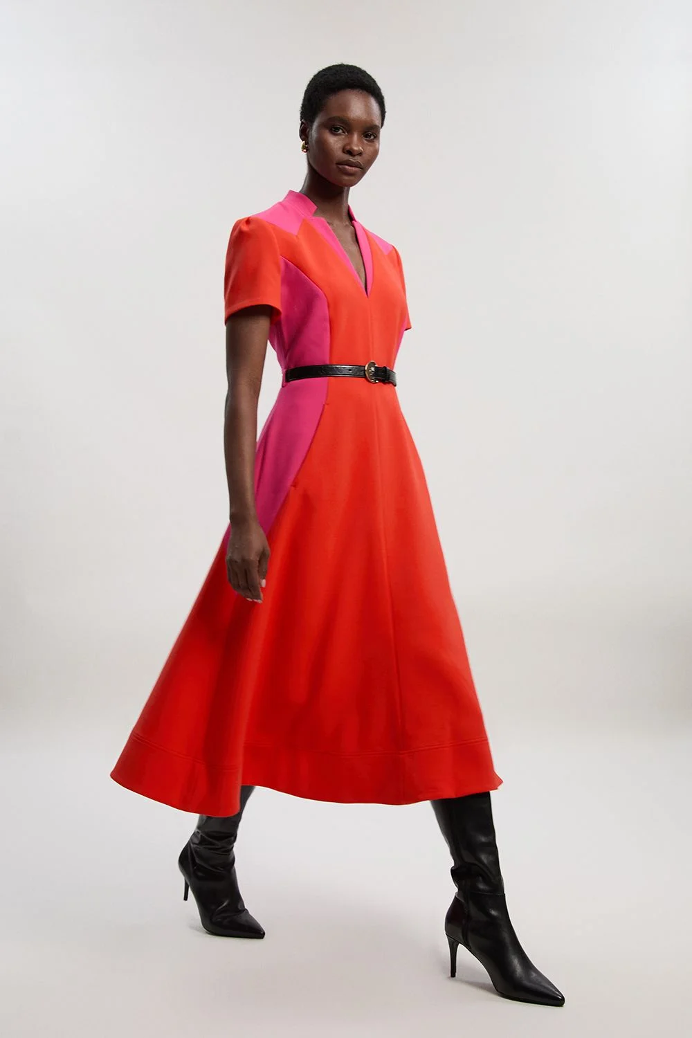 Compact Stretch Colour Block Tailored Belted Full Skirt Midi Dress - 1