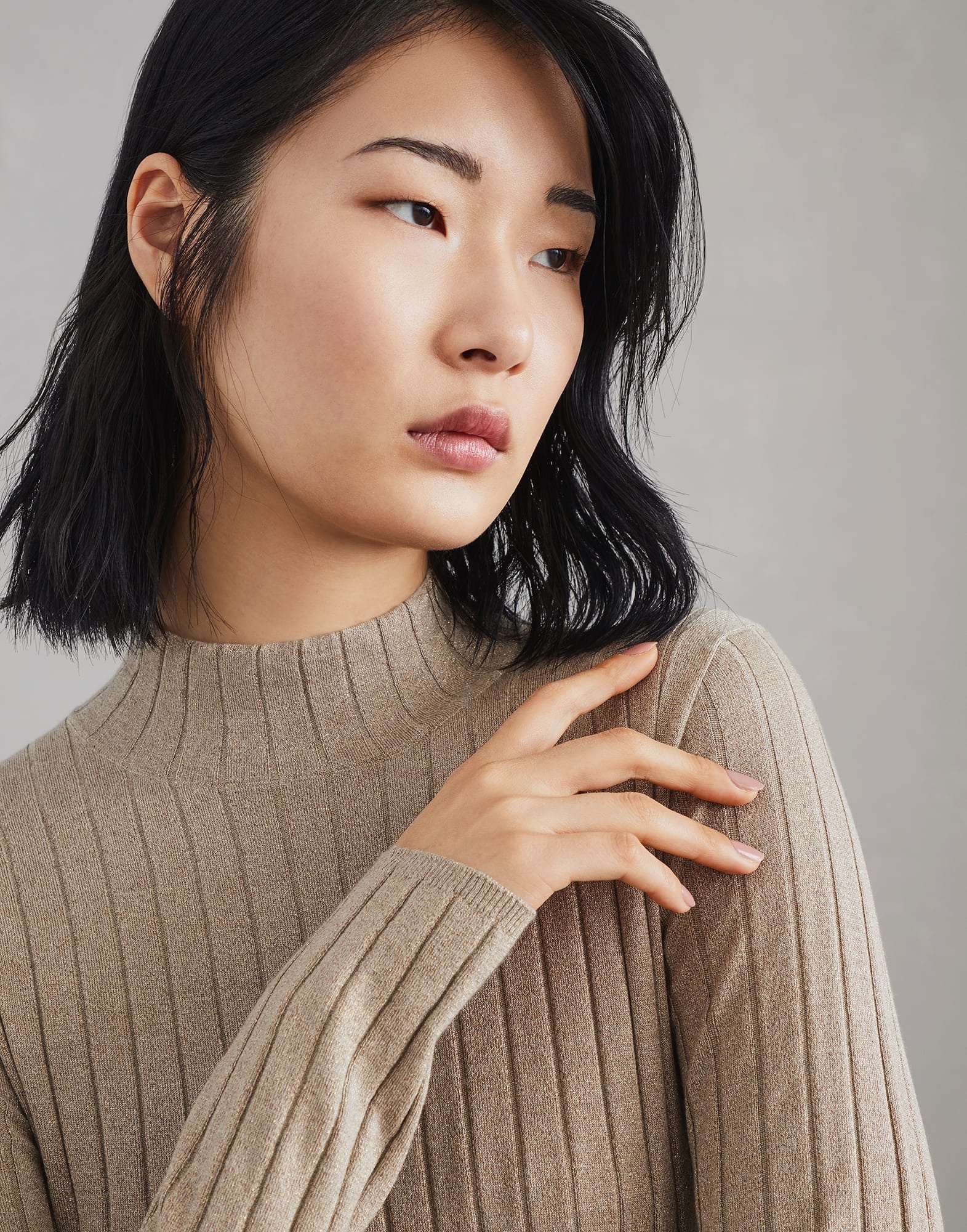Sparkling cashmere and silk rib knit mock neck sweater - 3