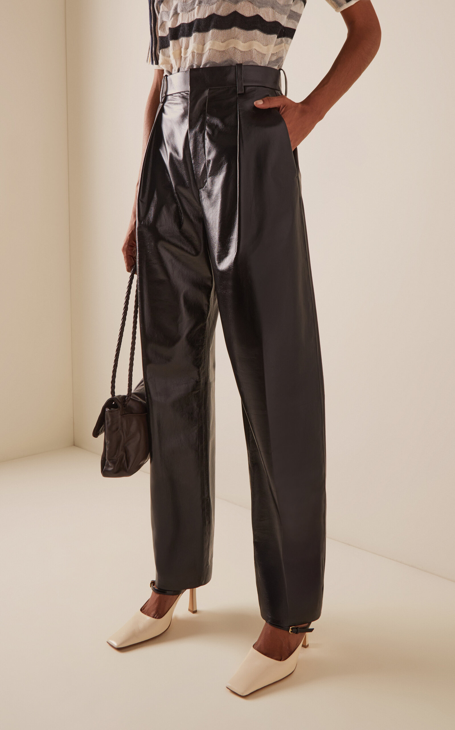 Pleated Leather Straight-Leg Pants black - 3