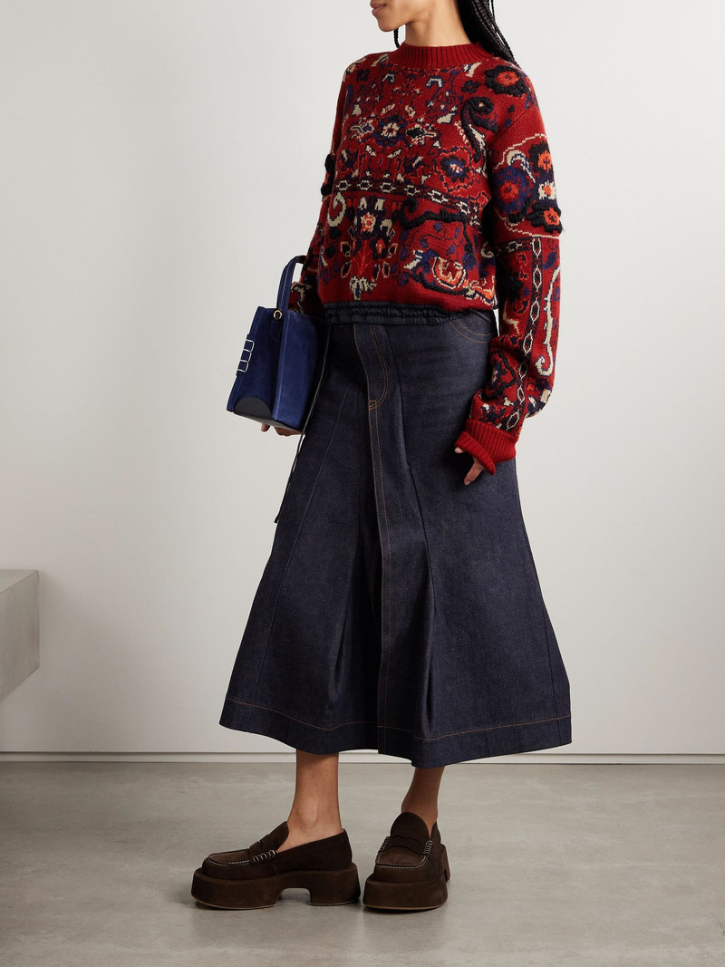 sacai Shell-trimmed embroidered jacquard-knit wool sweater Red outlook
